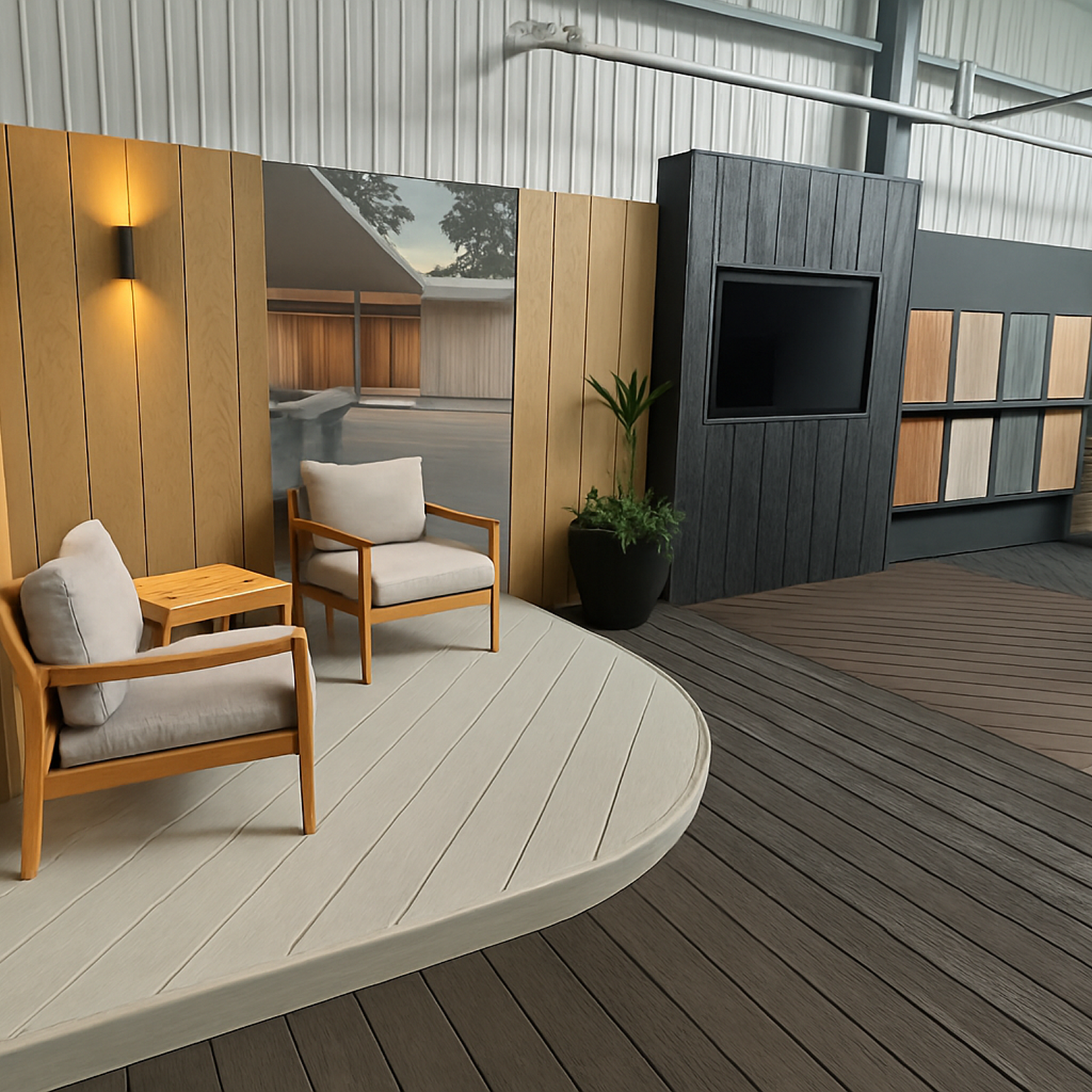 Modern showroom with wood panel walls, sample displays, and lounge chairs on a raised deck.