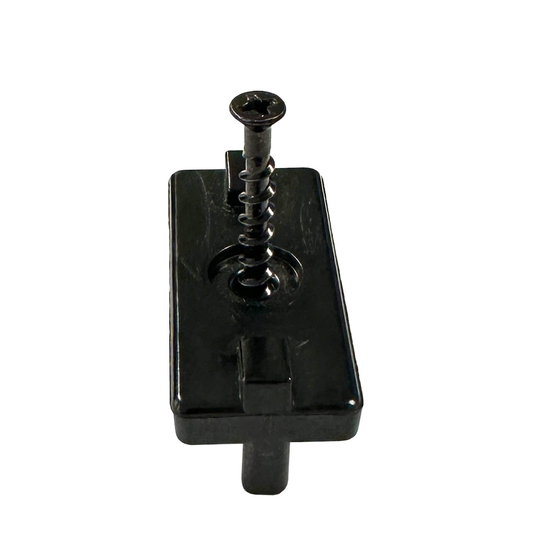 A front view of a Black Decking Clip & Screw on a white background.