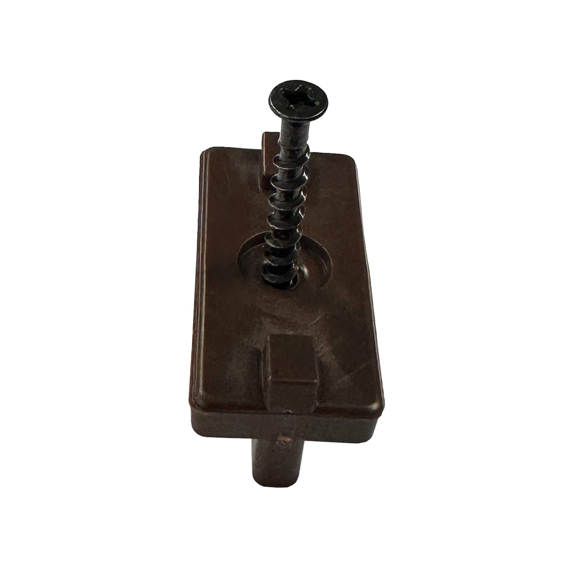 A front view of a Brown Decking Clip & Screw on a white background.