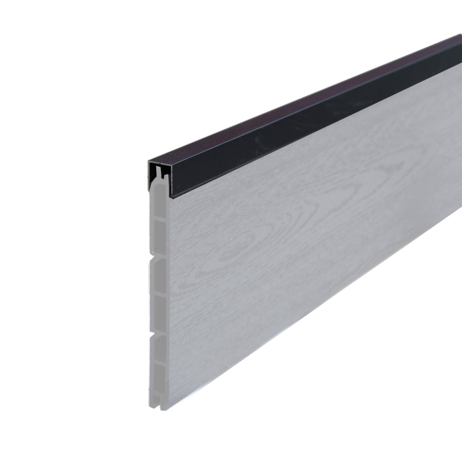 Charcoal Aluminium Top Panel Cover in situ on a composite fence panel on a white background.