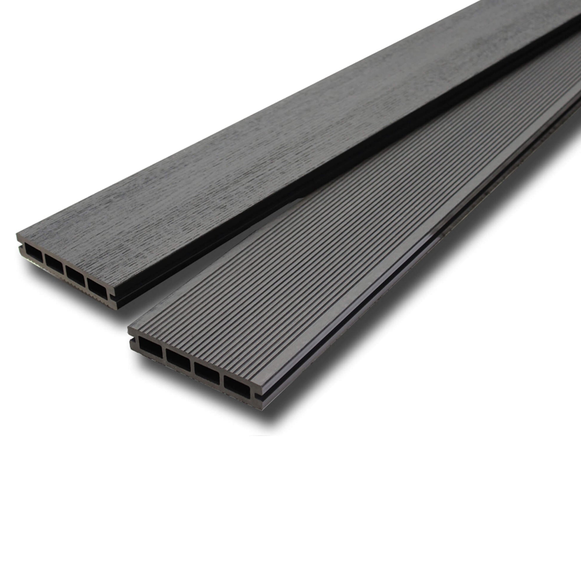 Two Charcoal Composite Decking boards showing the reverse woodgrain and ribbed options on a white background.