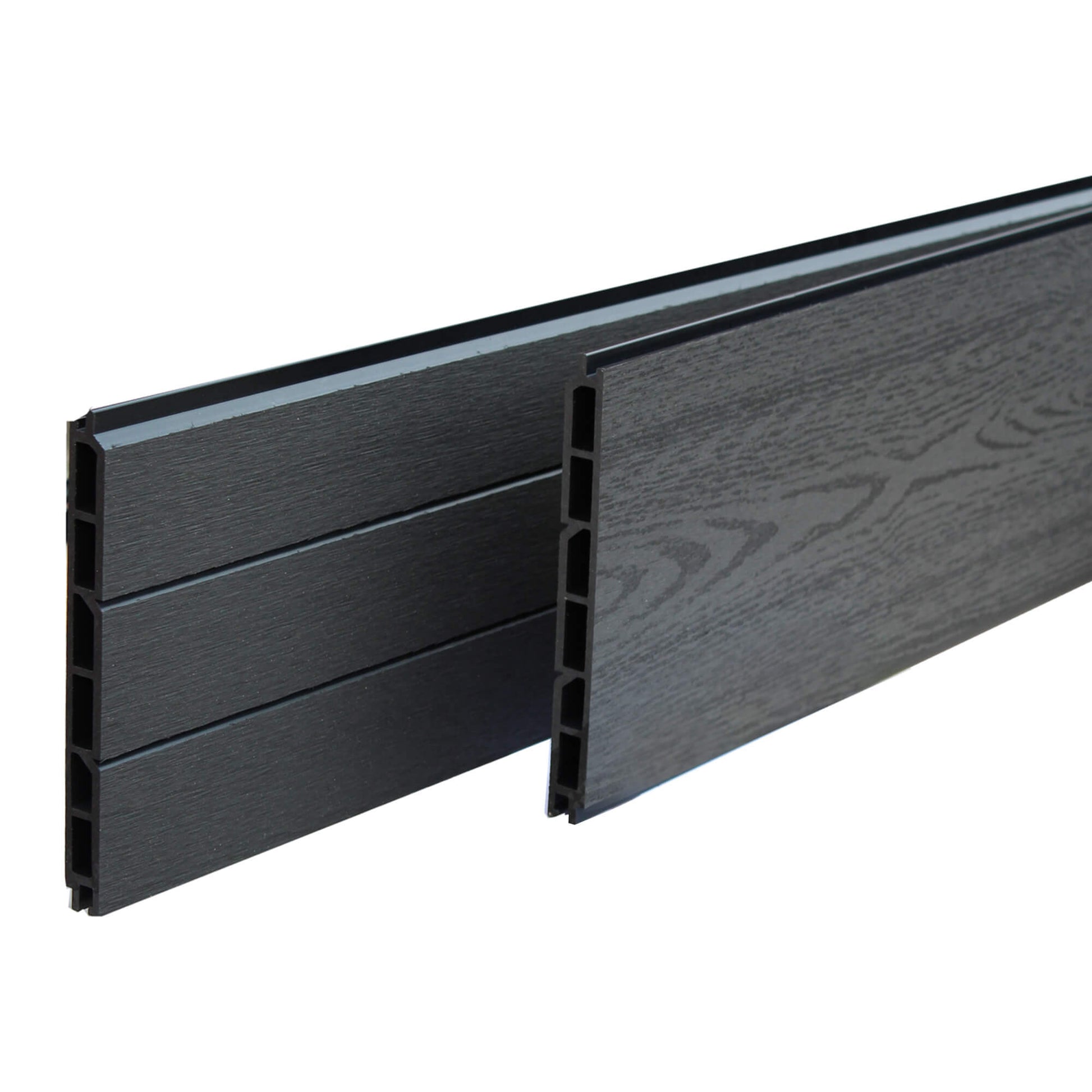 Close-up of two Charcoal Composite Fence Panels displaying woodgrain/slatted finish options on a white background.