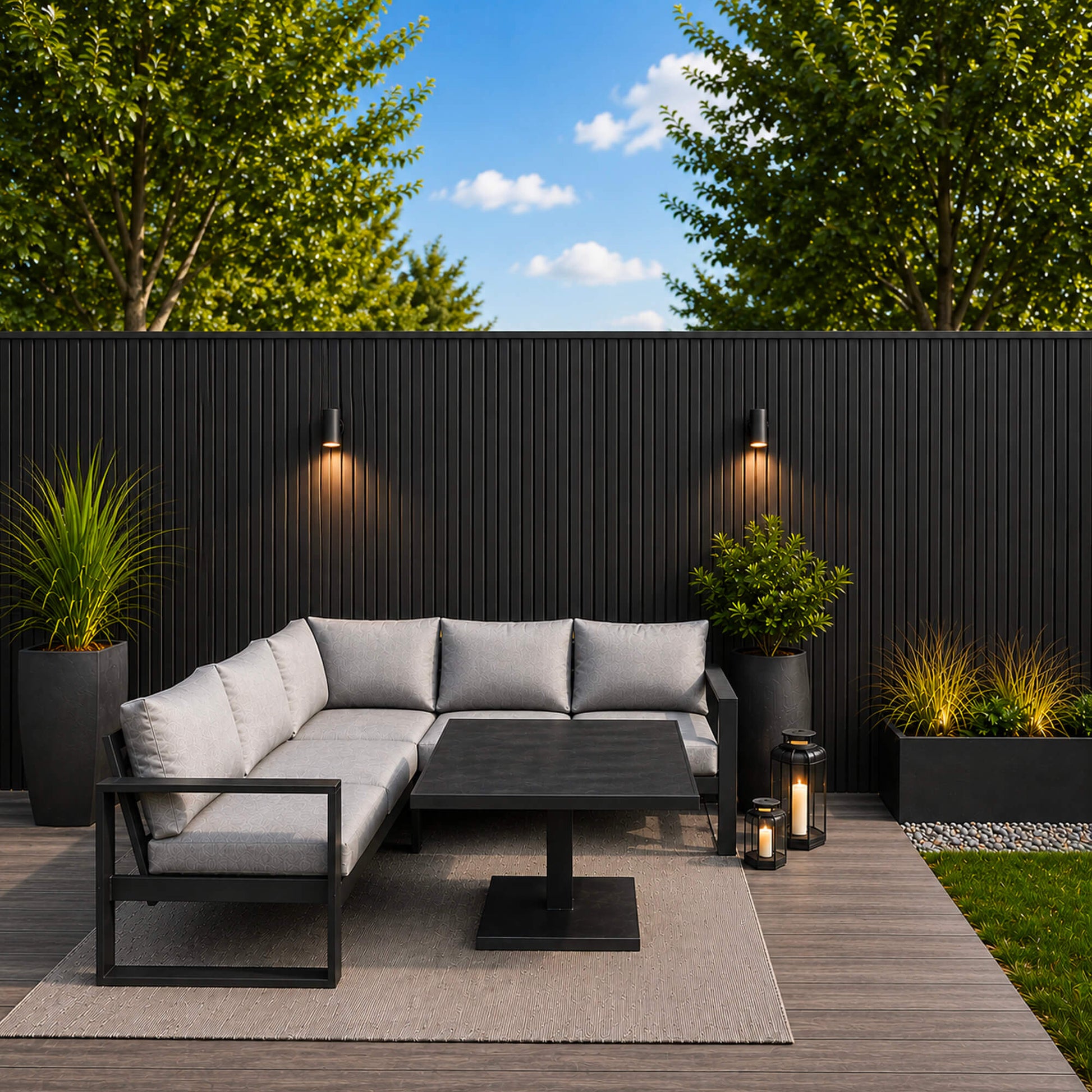 Modern outdoor patio furniture set with Charcoal Outdoor Slatwall Cladding.