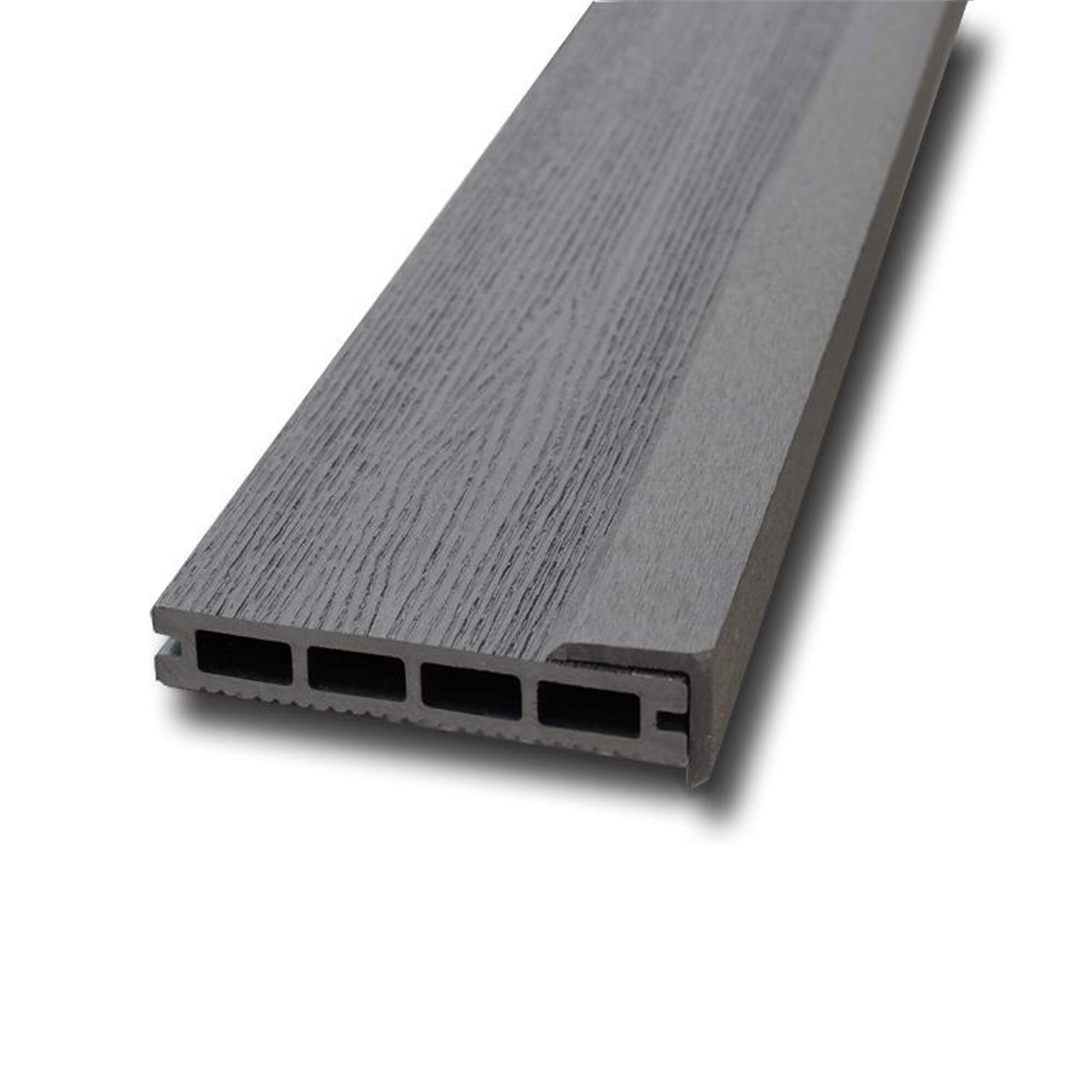 A Charcoal Composite Cover Strip in situ on a composite decking board on a white background.