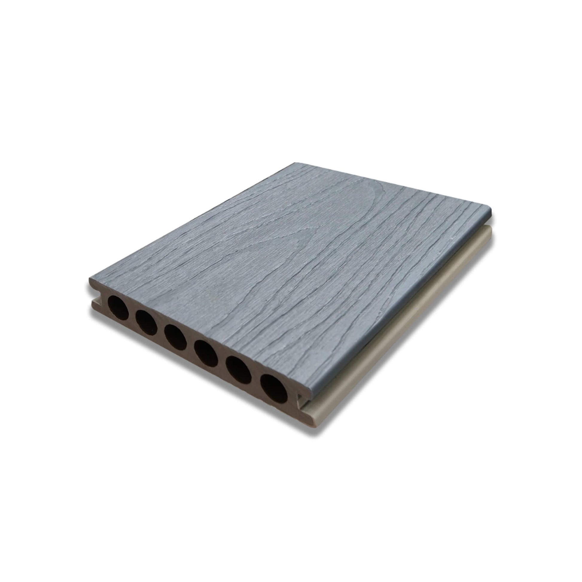 Co-Extruded Slate Grey Composite Decking board on a white background.