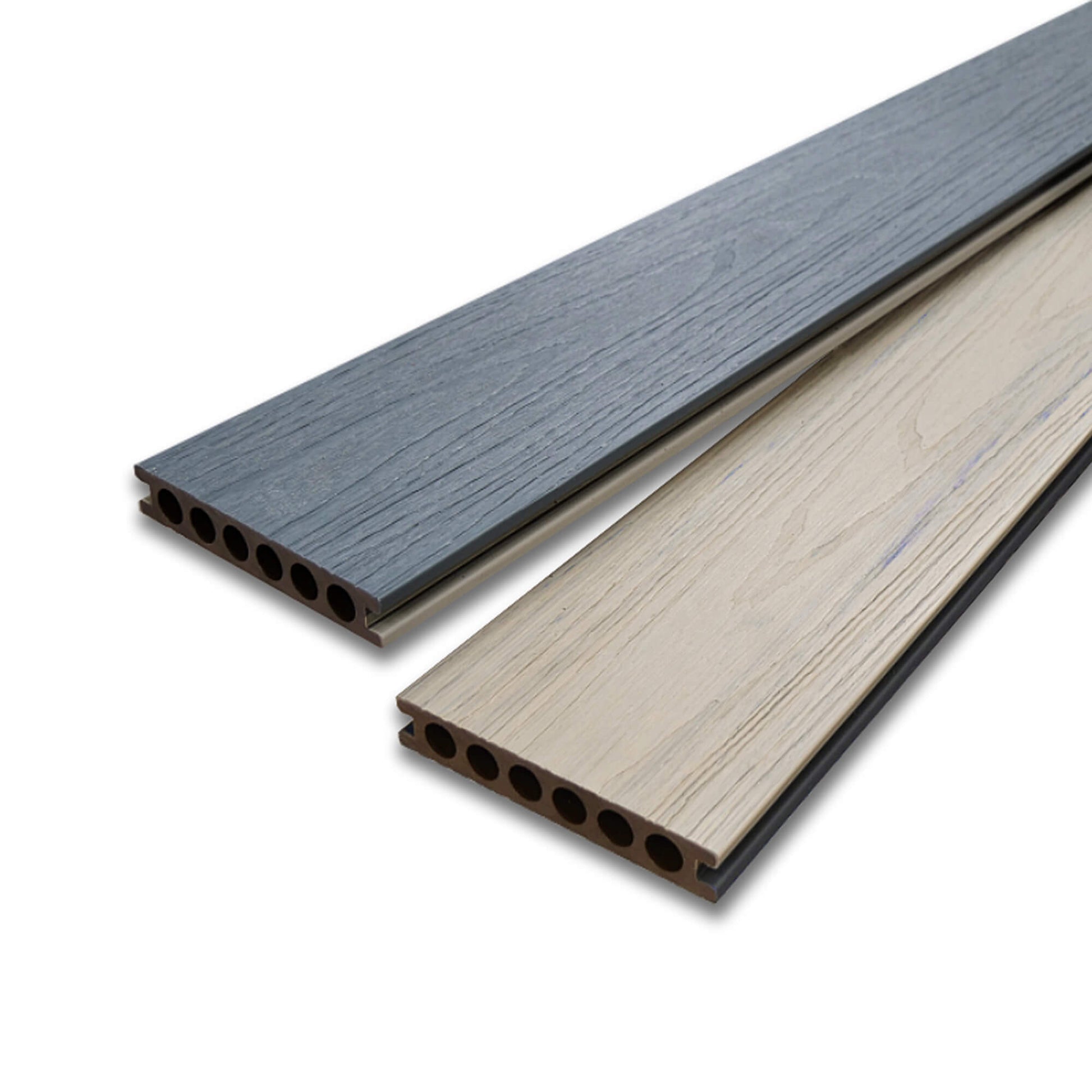 Two Co-Extruded Ivory/Slate Grey Composite Decking boards displaying reverse sides, on a white background.