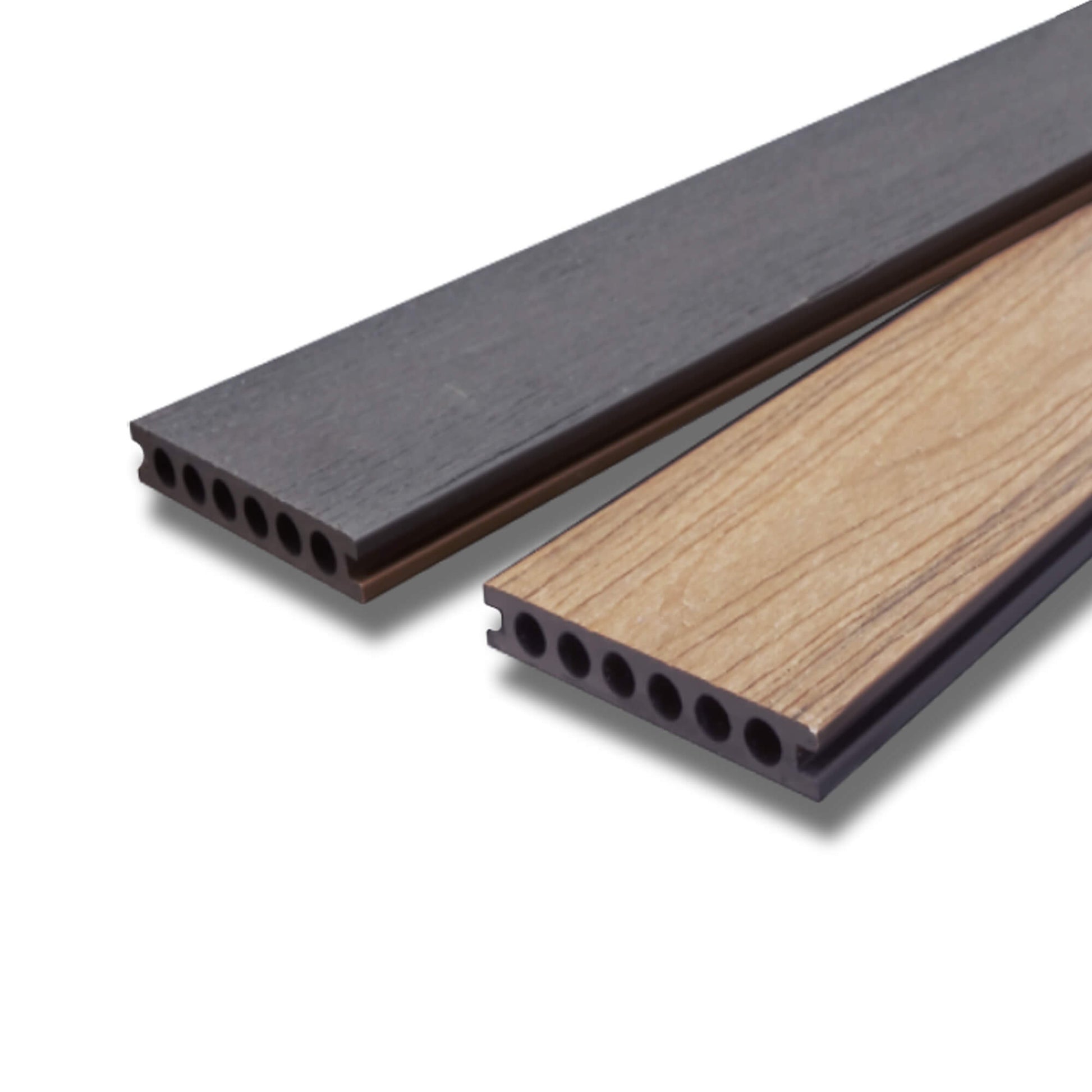 Two Co-Extruded Teak/Dark Grey Composite Decking boards showing the reverse sides on a white background.