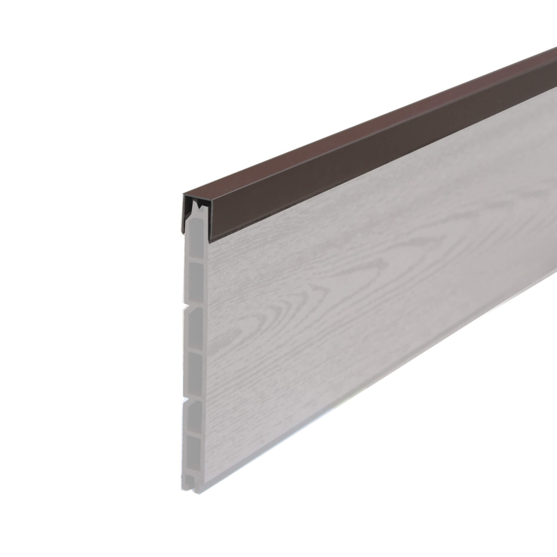 Coffee Aluminium Top Panel Cover in situ on a composite fence panel on a white background.