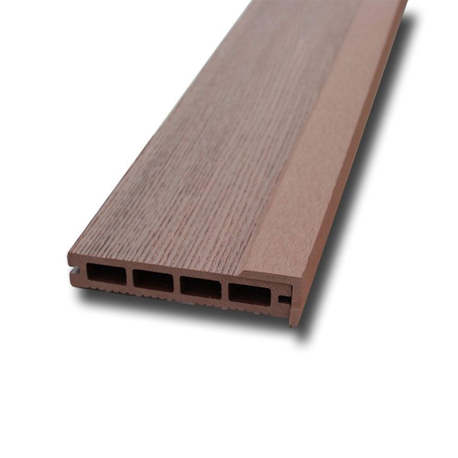 A Coffee Composite Cover Strip in situ on a composite decking board on a white background.