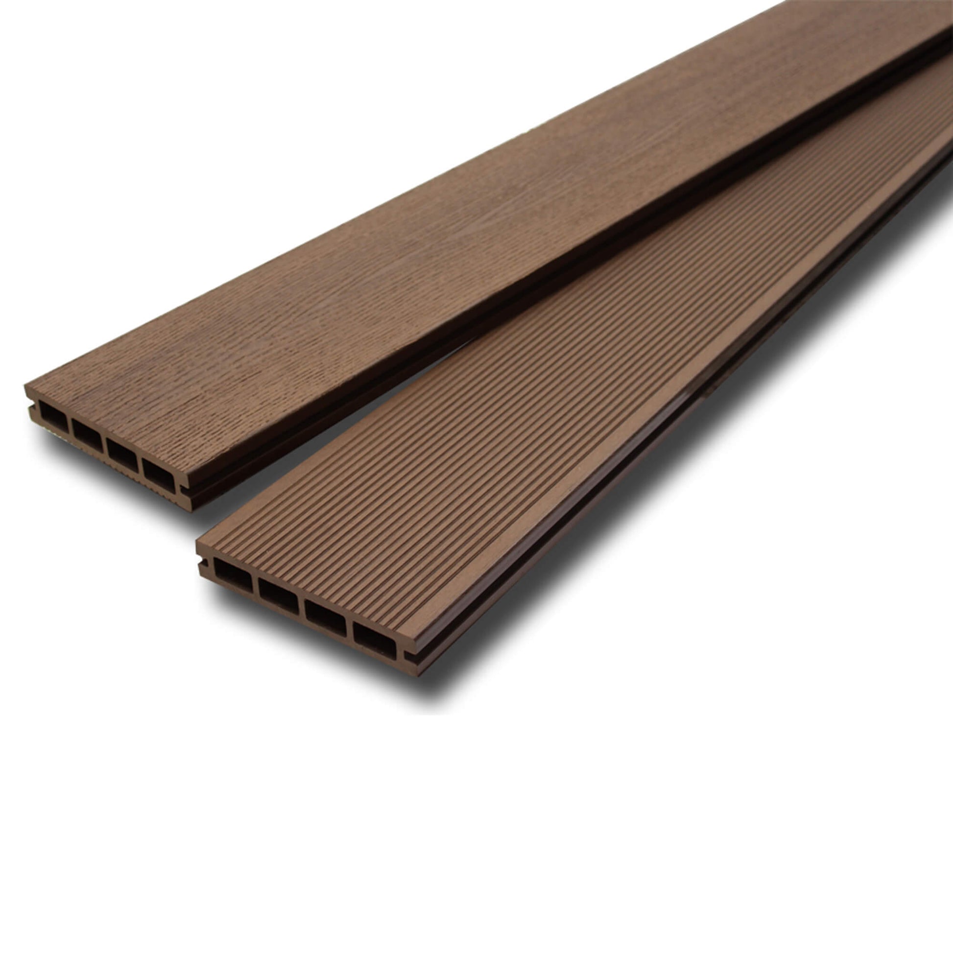 Two Coffee Composite Decking boards showing the reverse woodgrain and ribbed options on a white background.