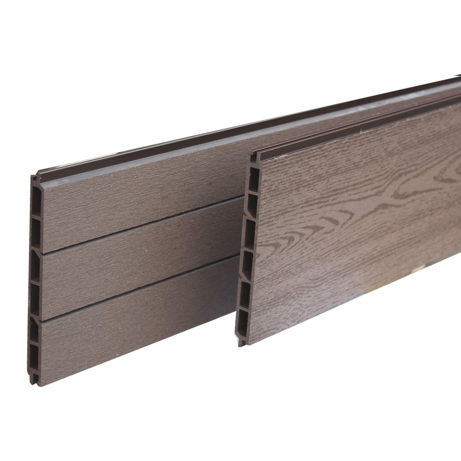Close-up of two Coffee Composite Fence Panels displaying woodgrain/slatted finish options on a white background.