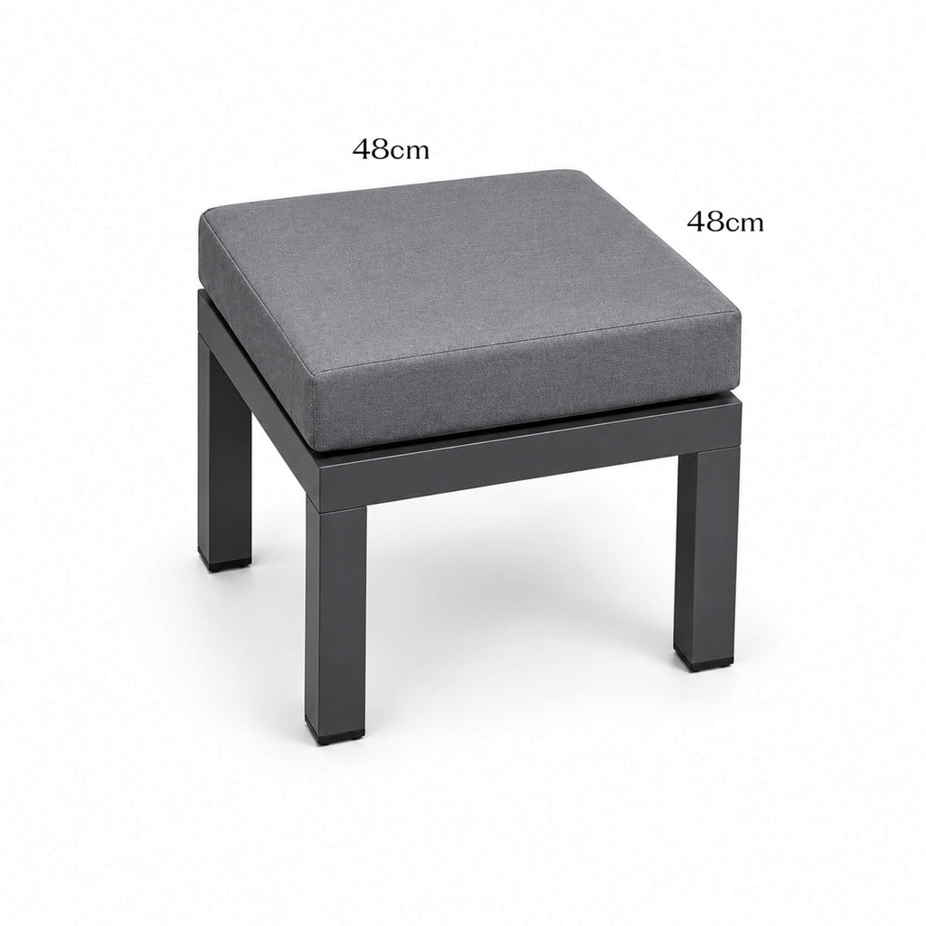 Como Dark Grey outdoor stool on a white background with dimensions.