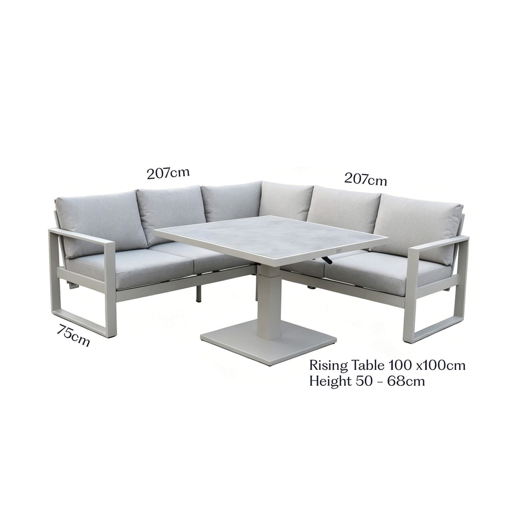 Como stone outdoor furniture corner set, showing dimensions on a white background.
