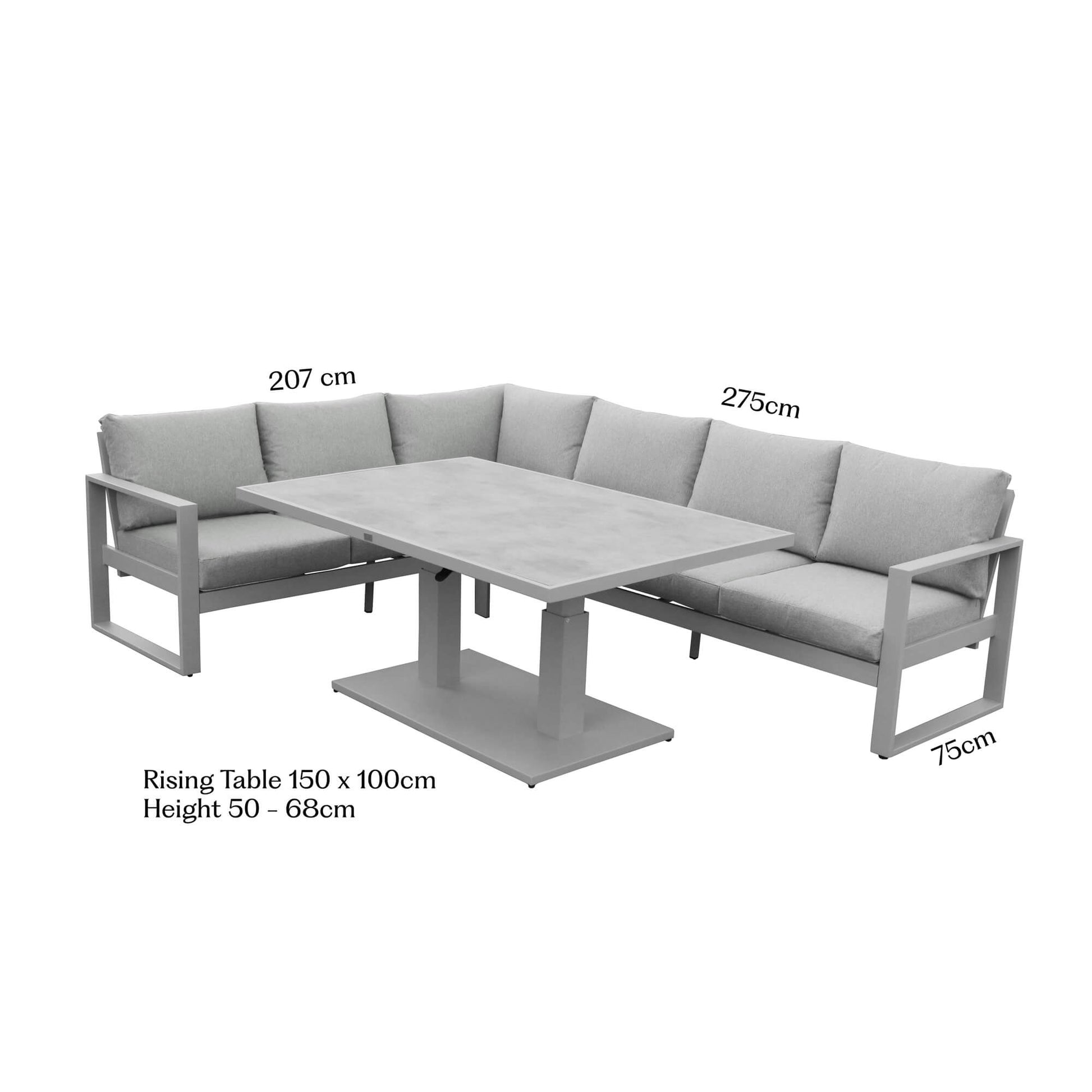 Como L-Shaped outdoor furniture corner set with dimensions on a white background.