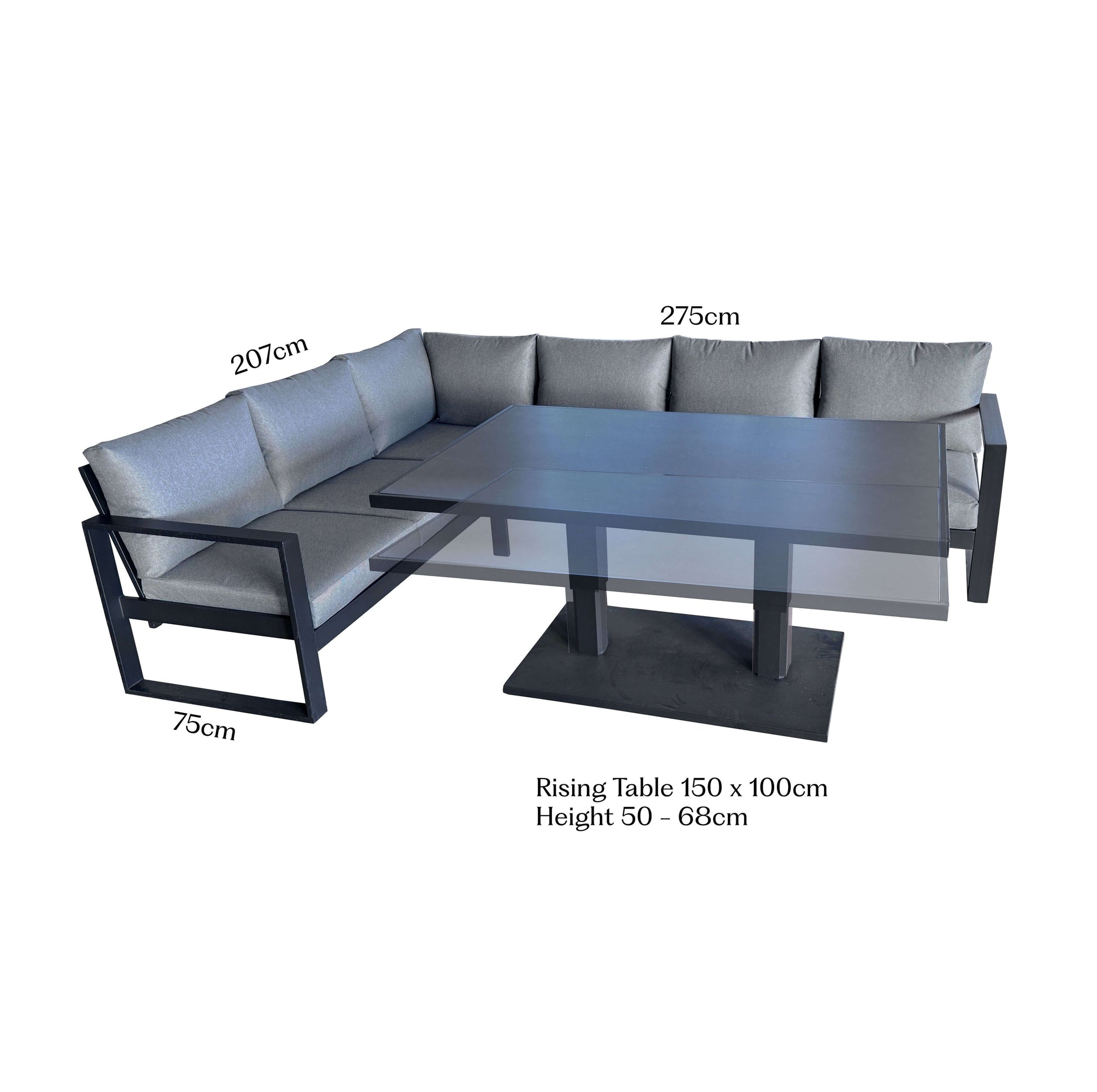 Como dark grey L-shaped outdoor furniture corner set with dimensions labeled on a white background.