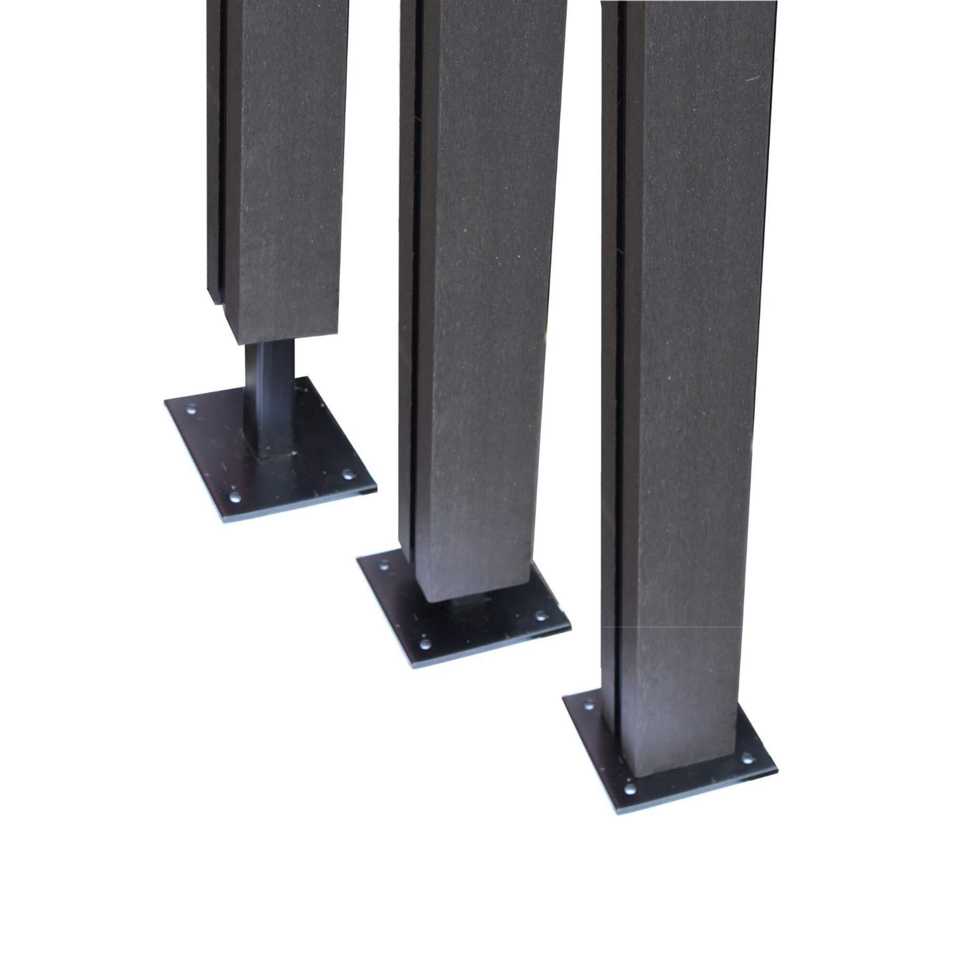 Three posts displaying installation process of Composite Decking Posts  into the Metal Post Base on a white background.