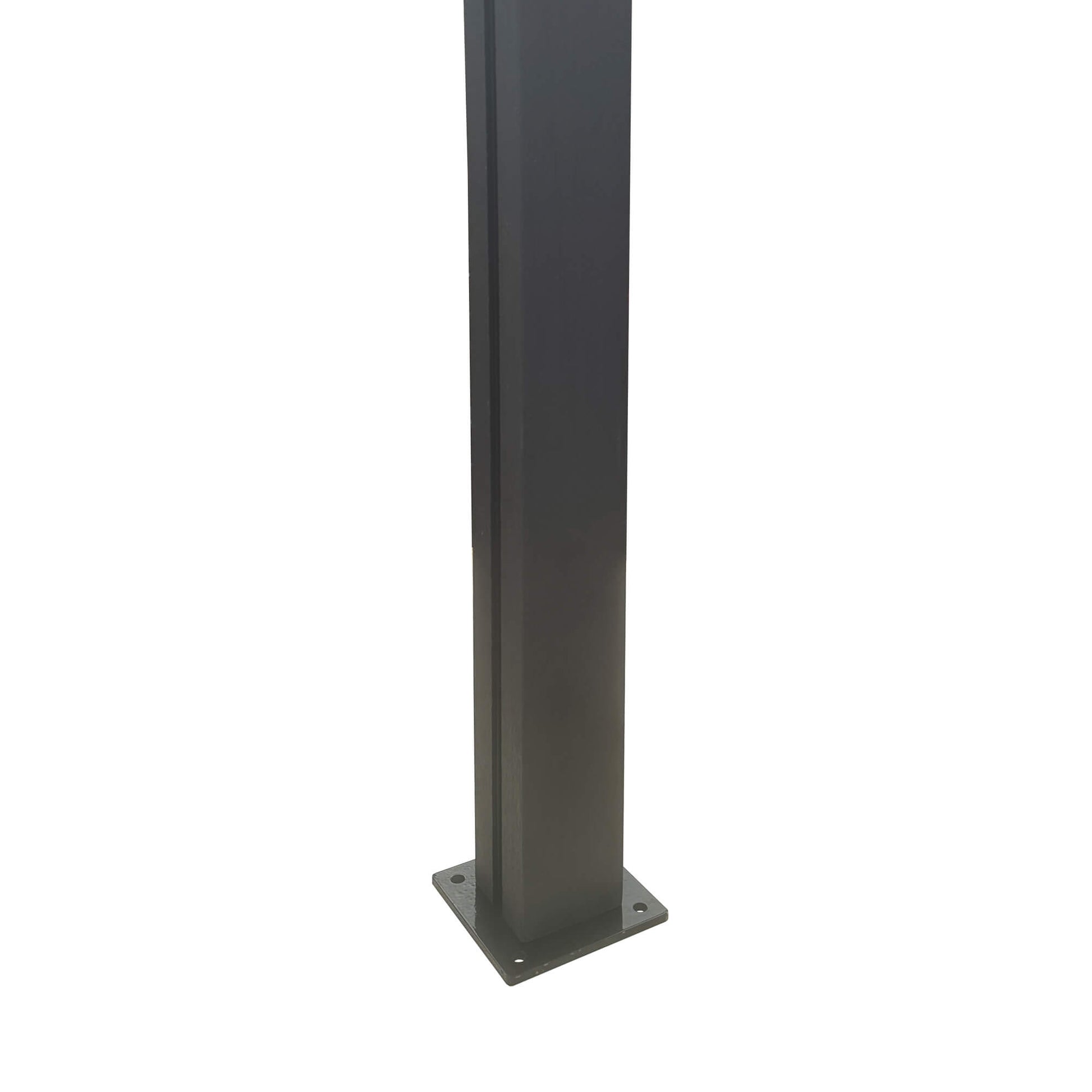 Composite Decking Metal Post Base showing an inserted composite post on a white background.