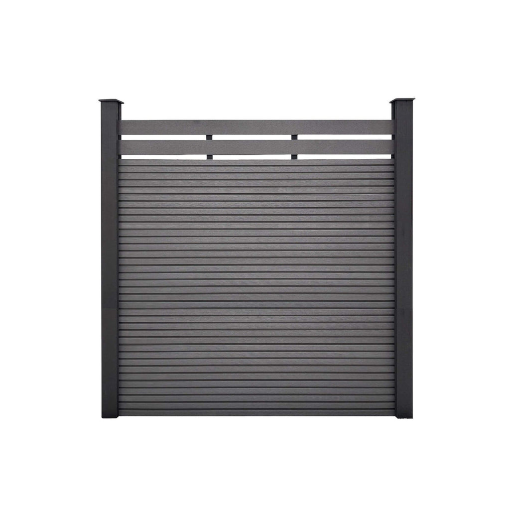 Charcoal Composite Fence Slat on top of a dark grey composite slatted fence on a white background.