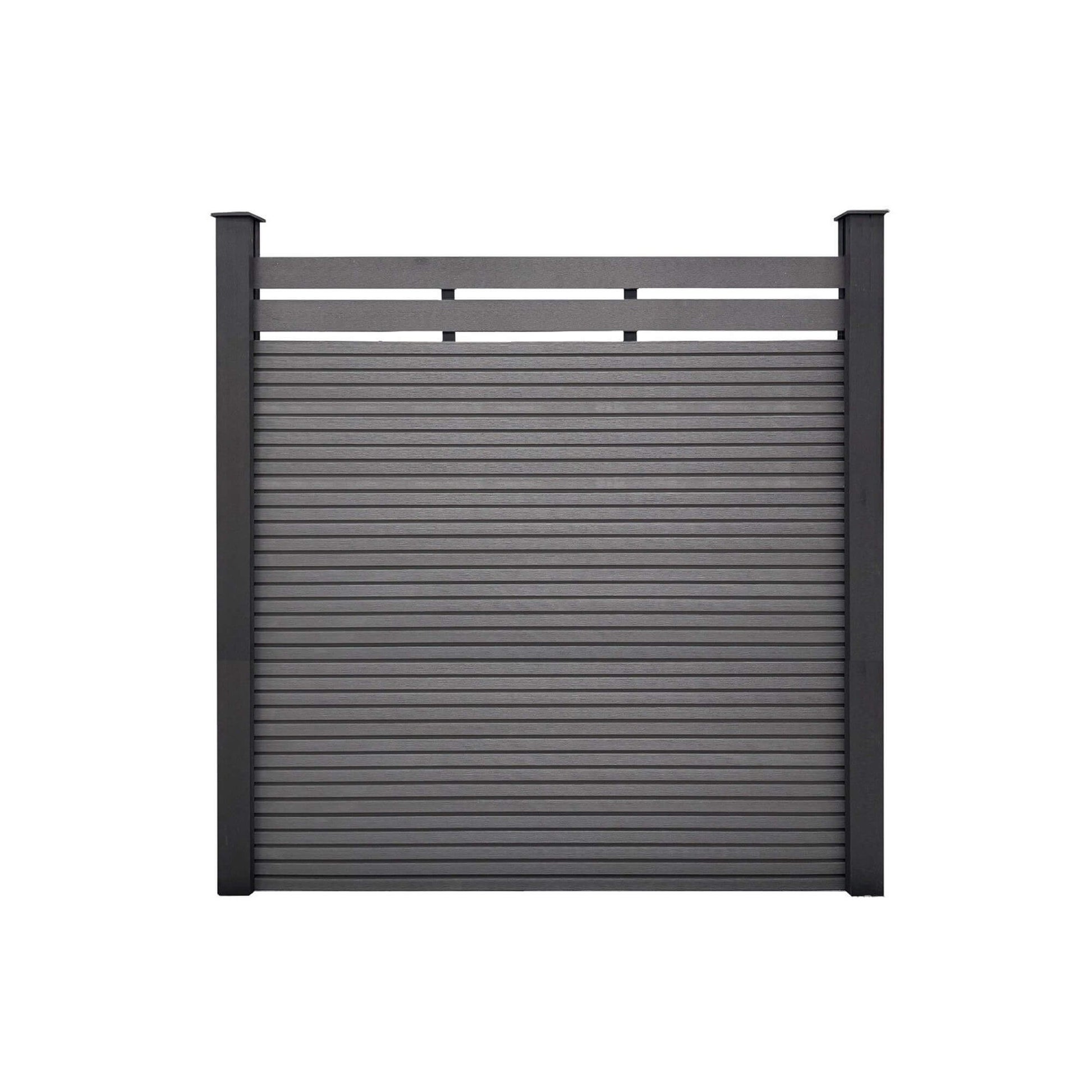 Charcoal Composite Fence Slat on top of a dark grey composite slatted fence on a white background.