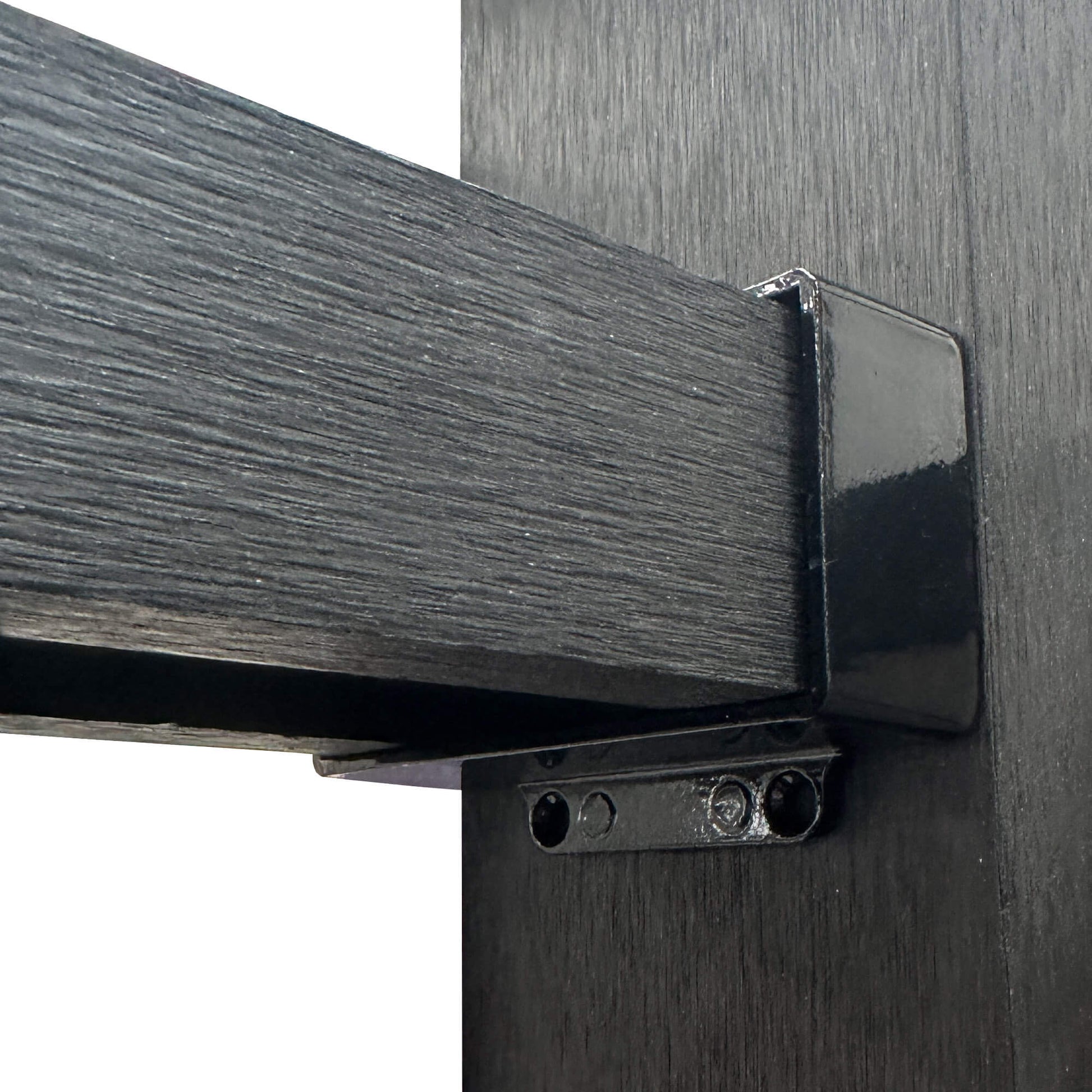 Close-up of a Black Composite Handrail Bracket joining a composite post to a handrail.