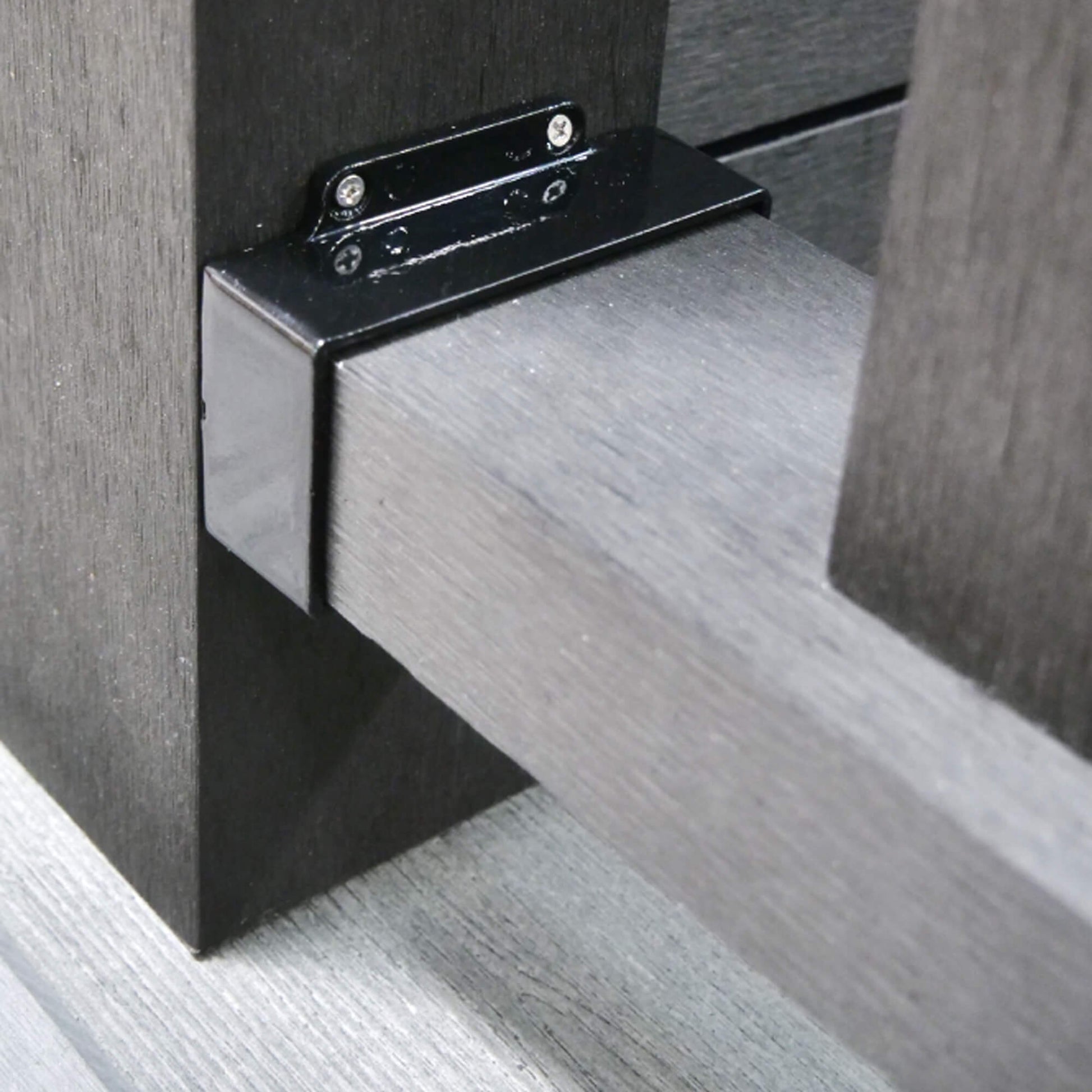 Close-up of a Black Composite Handrail Bracket joining a composite post to a base rail.