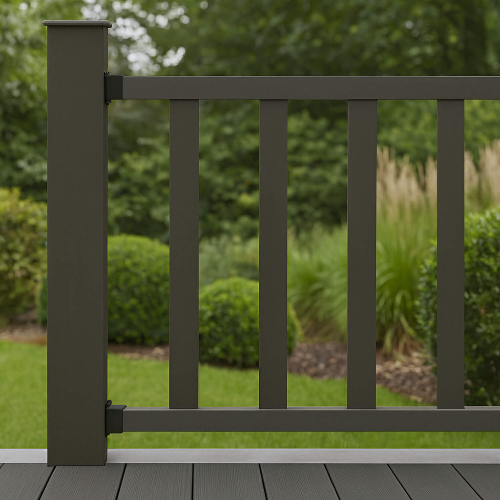 Charcoal Composite Spindles in a garden fence on a deck with greenery in the background.