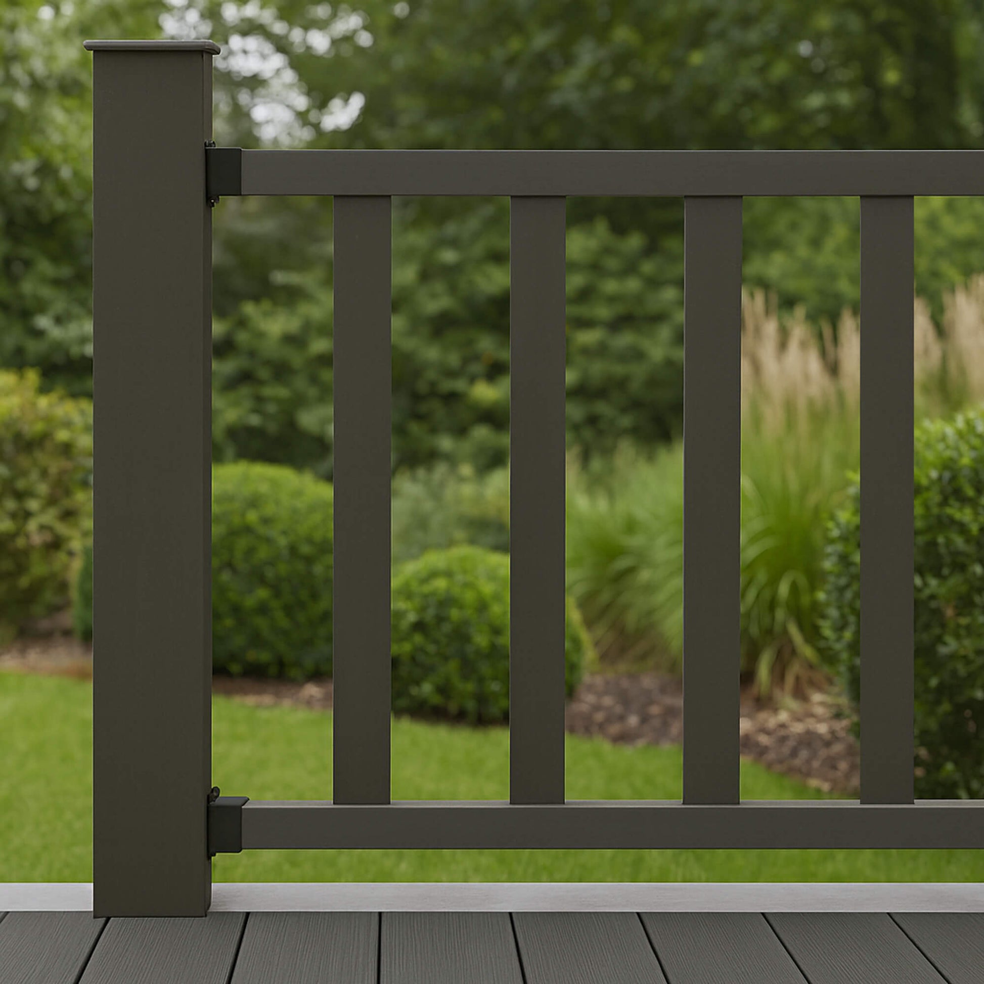 Charcoal Composite Spindles in a garden fence on a deck with greenery in the background.