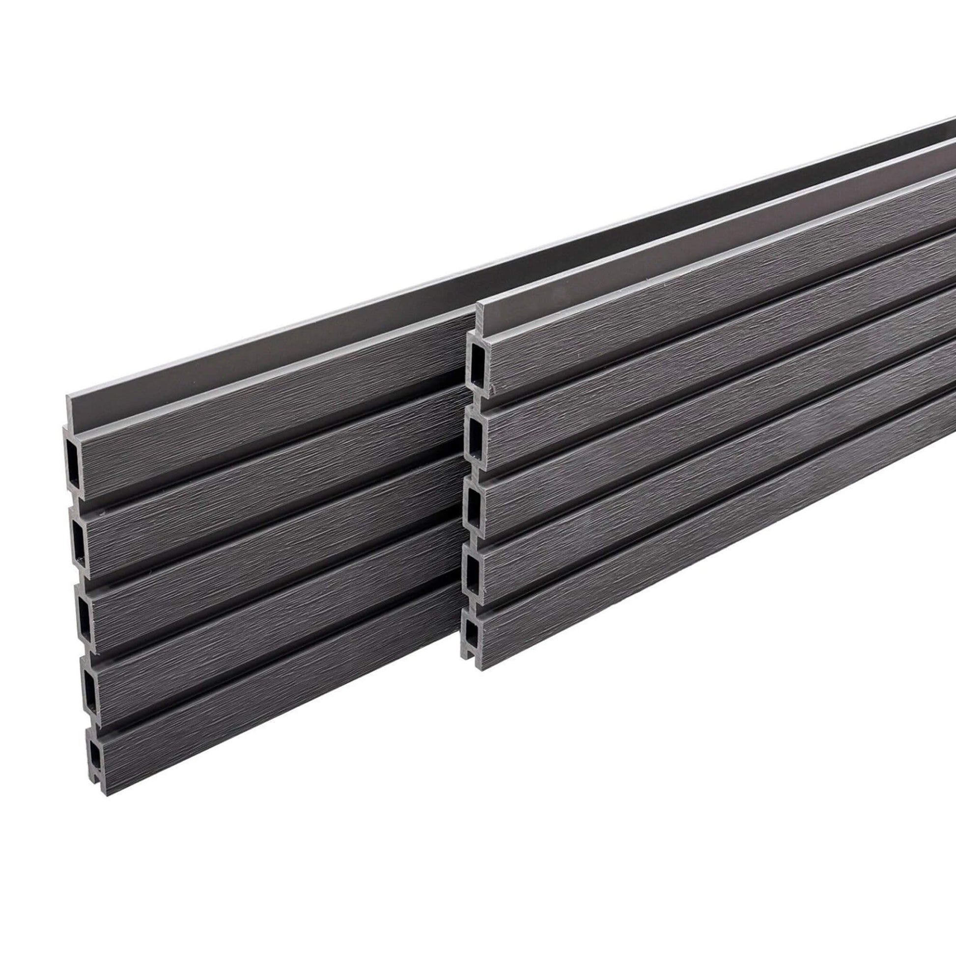Close-up of two Dark Grey Composite Fence Panels on a white background.