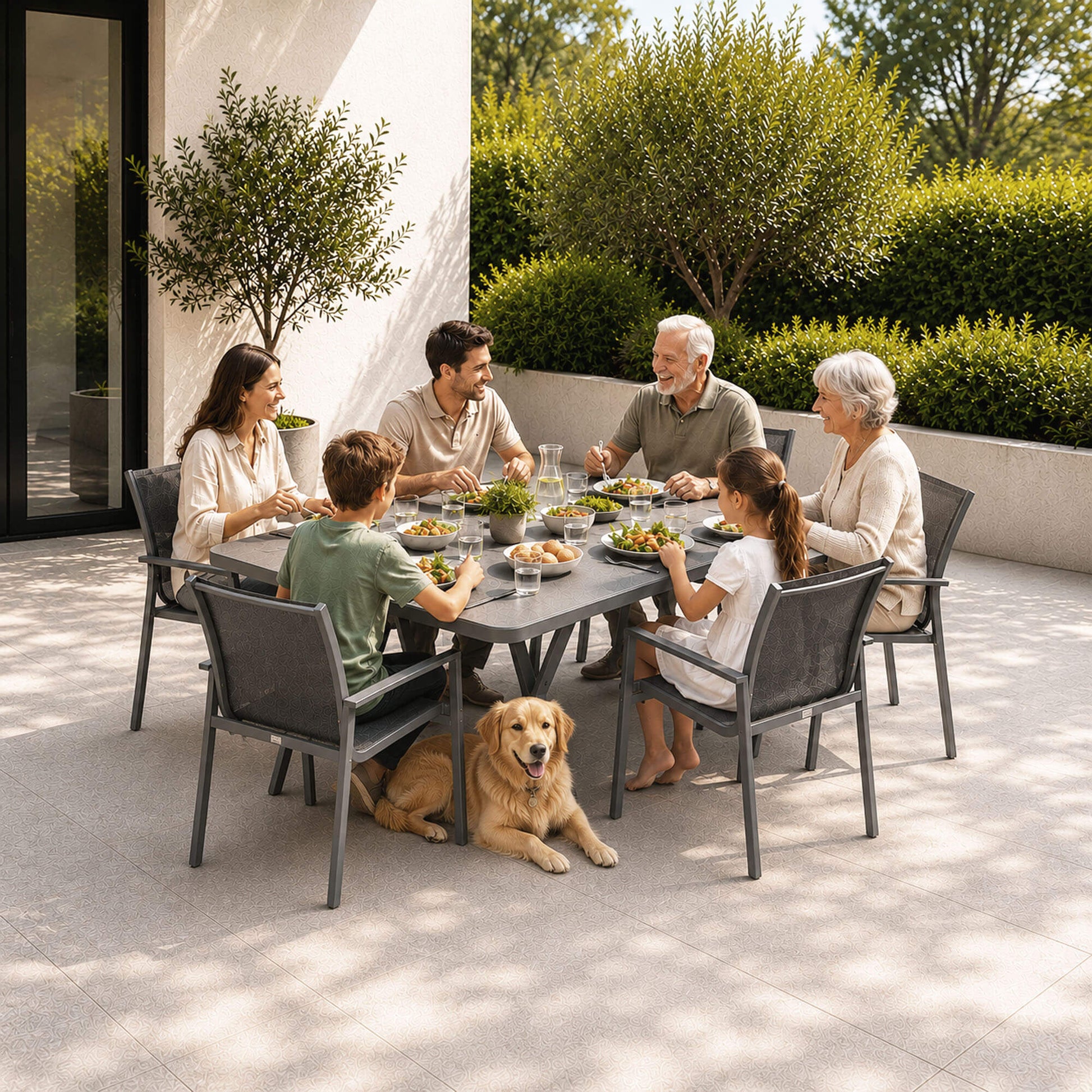 A family of six enjoys a meal outdoors on a modern patio Garda dark grey dining set with a golden retriever dog lying under the table. 