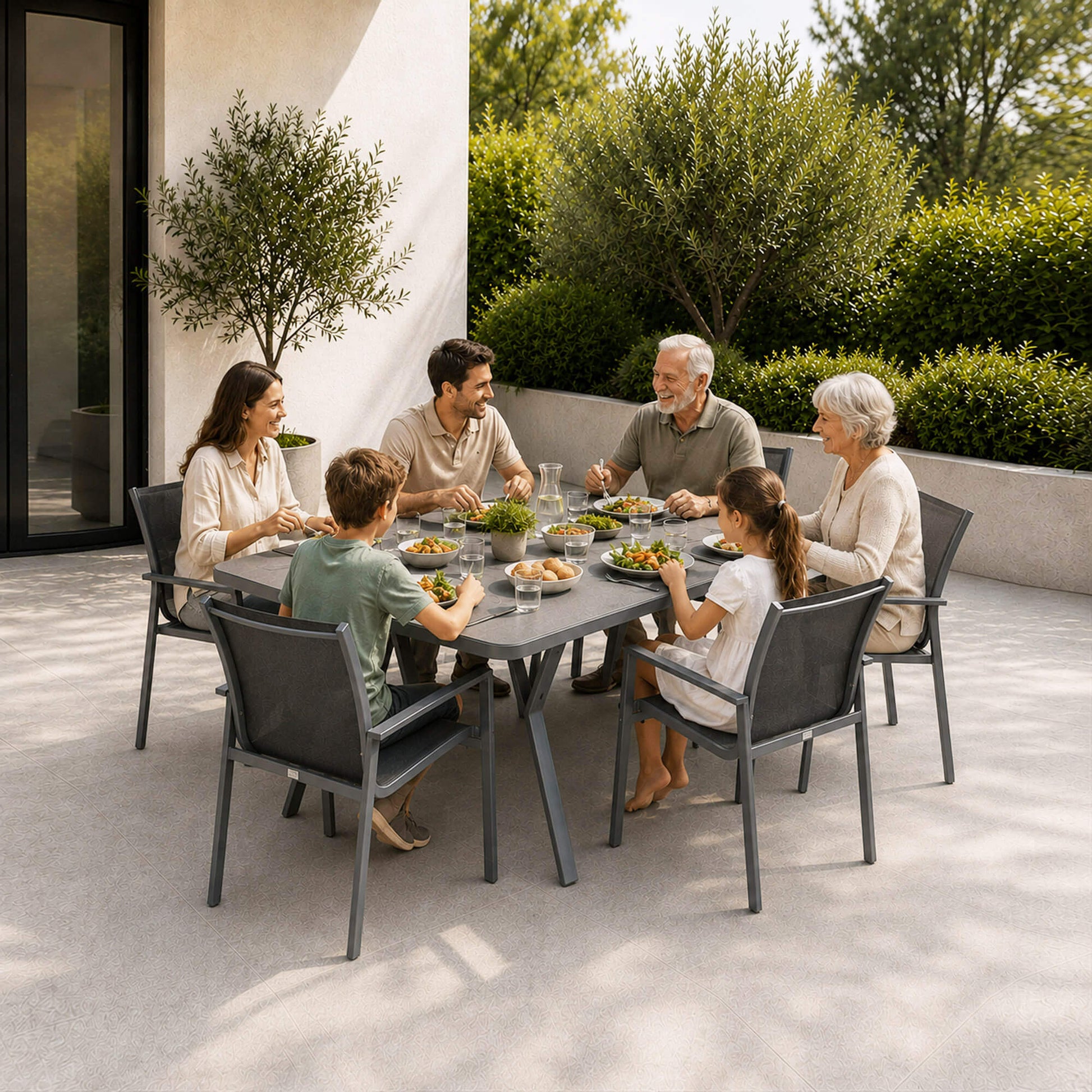 A family of six enjoys a meal outdoors on a modern patio Garda dark grey dining set.