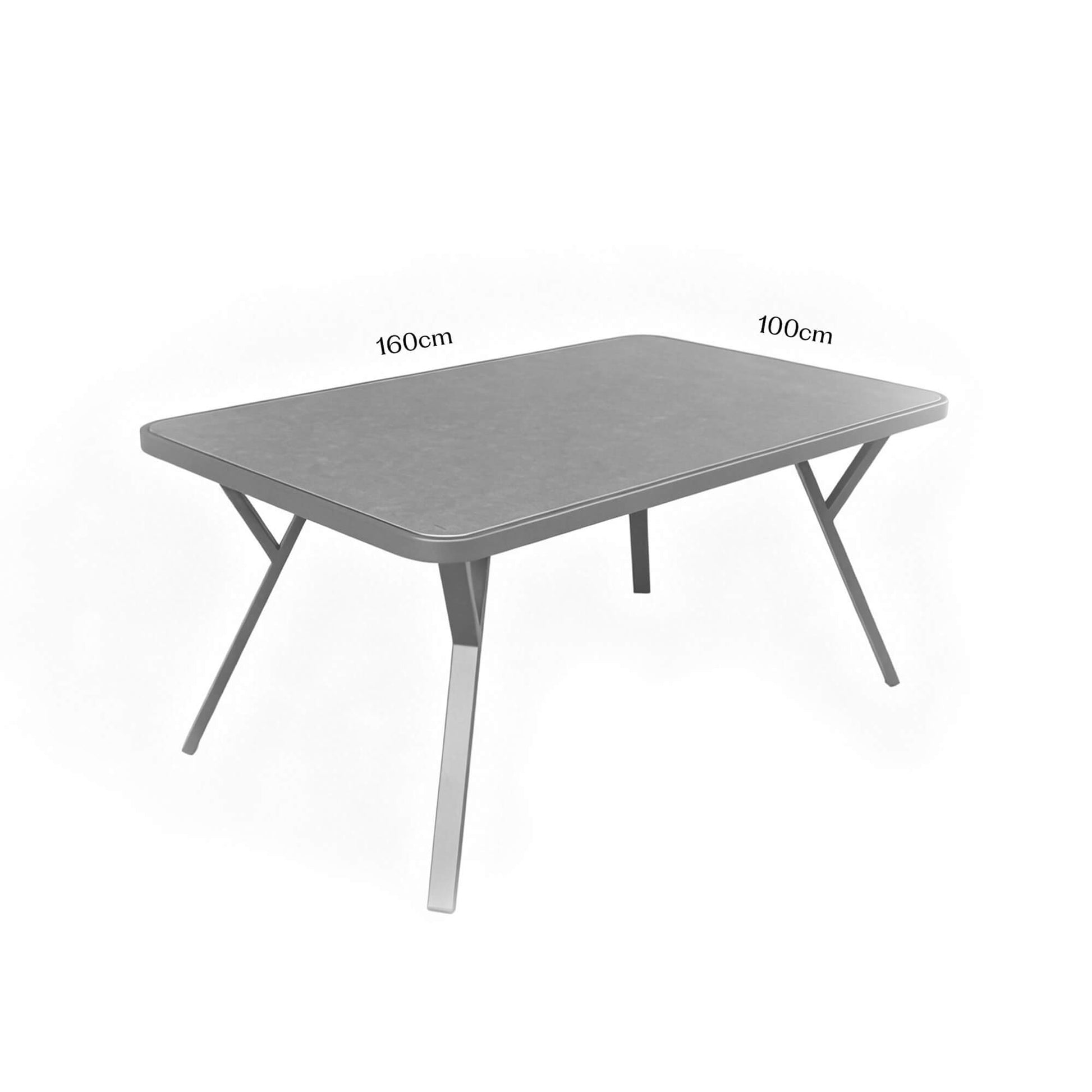 The Garda dark grey outdoor dining table with dimensions on a white background.
