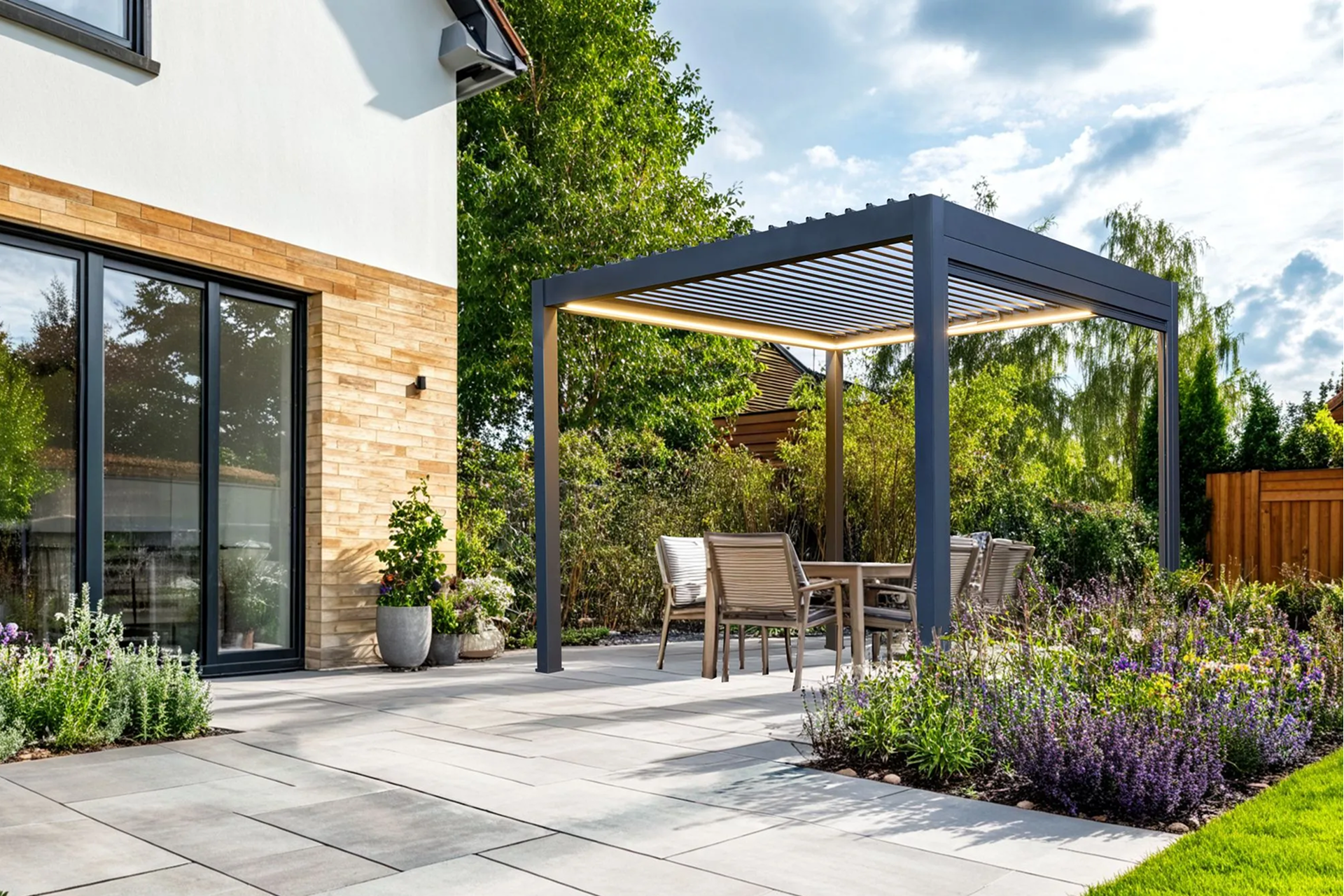 Modern patio with pergola, dining set, and garden.