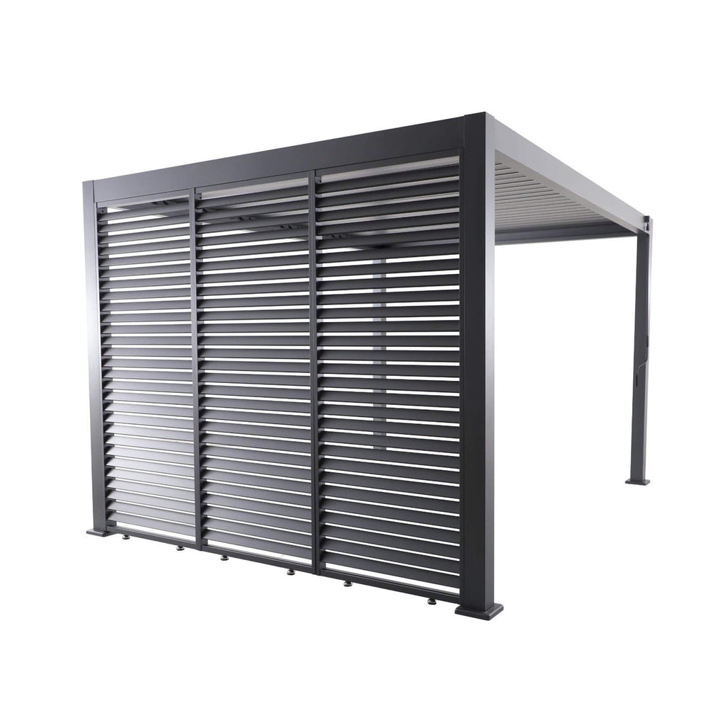 A Riva Deluxe Aluminium Pergola showcasing a 3m Louvre Wall on a white background.
