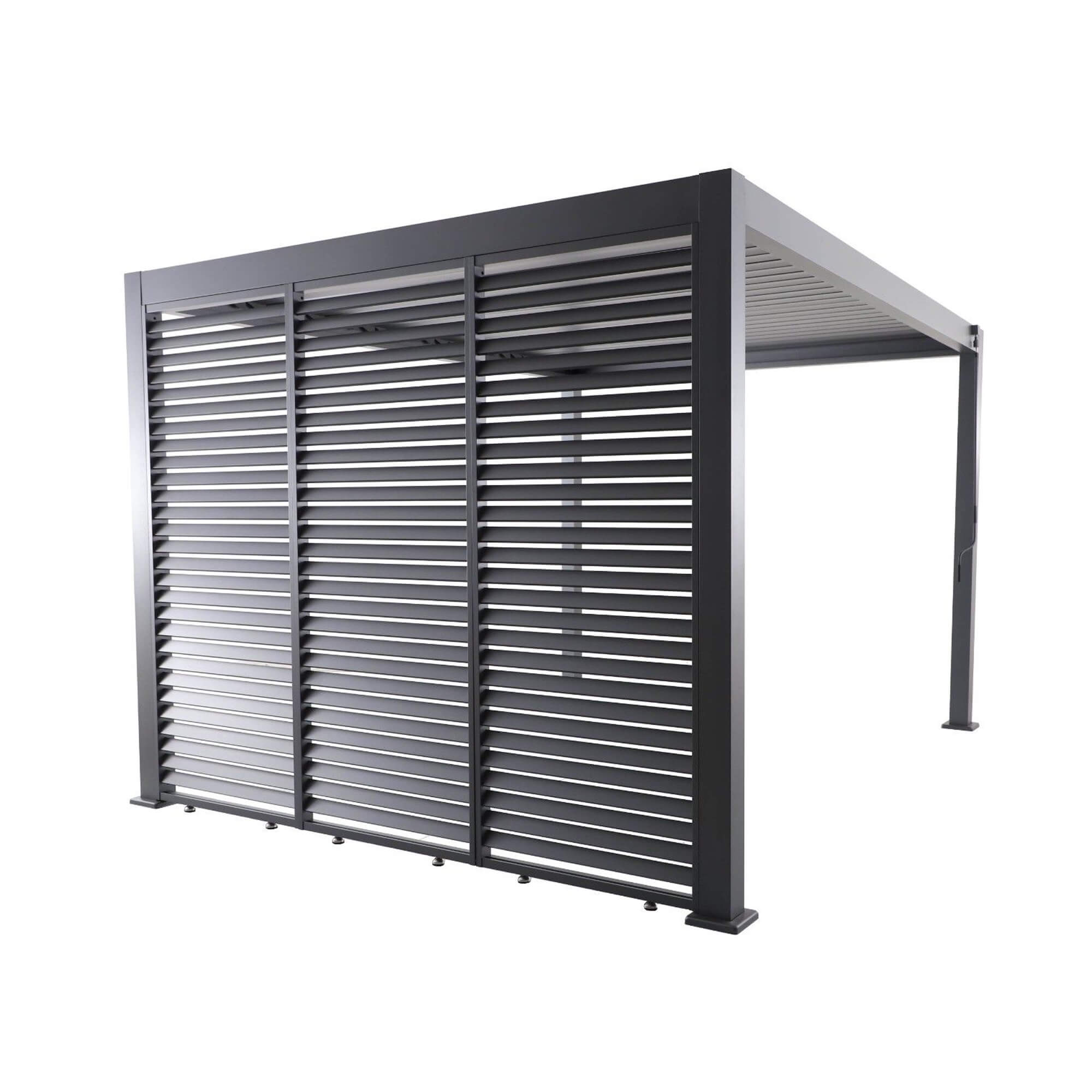 A Riva Deluxe Aluminium Pergola showcasing a 3m Louvre Wall on a white background.