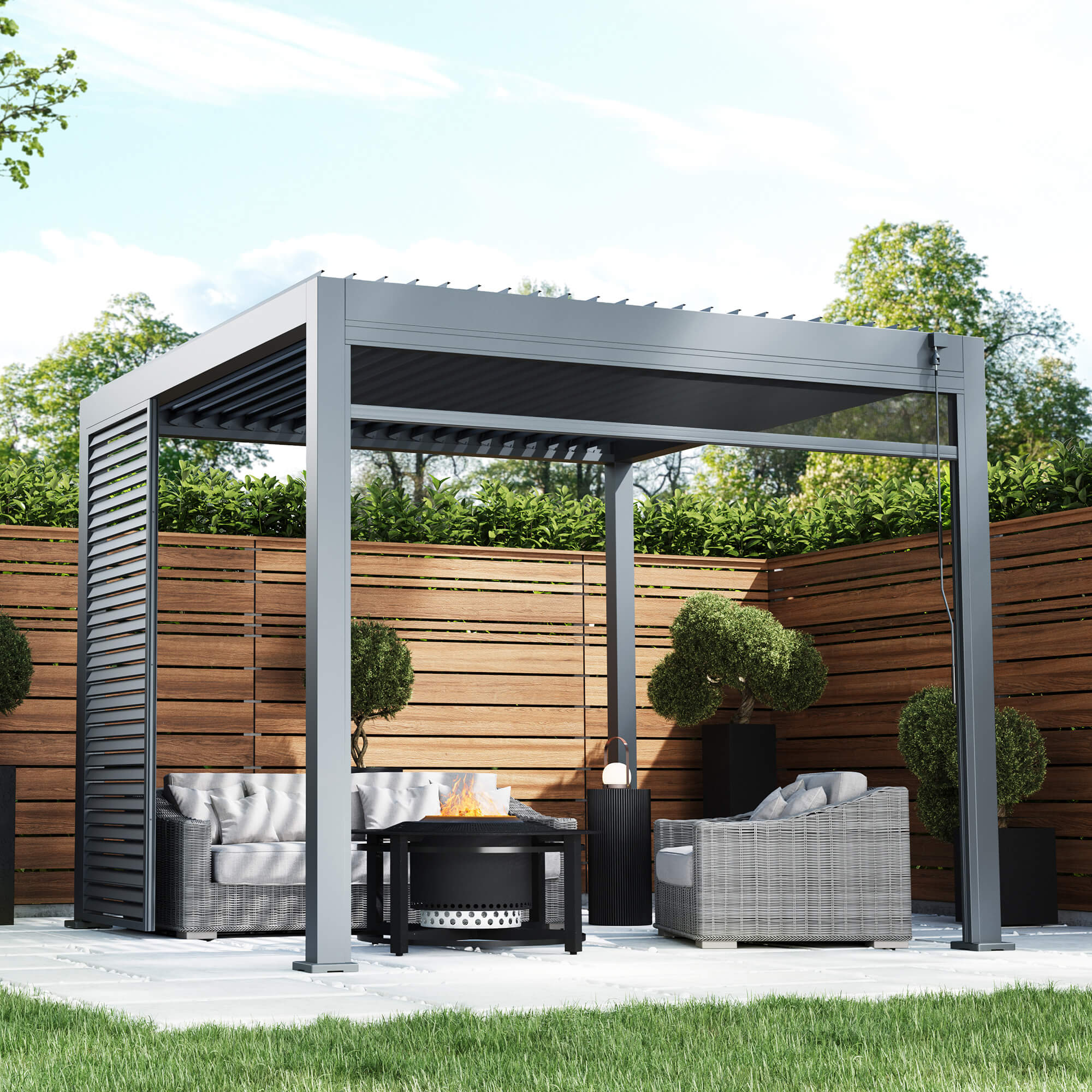 A Riva 3x3m Aluminium Pergola, with outdoor furniture, and fire pit in an outdoor garden patio setting. 