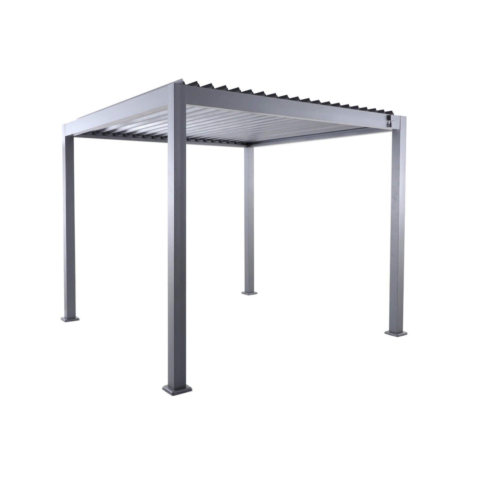 Left sided perspective of a Riva 3x3m Aluminium Pergola on a white background.