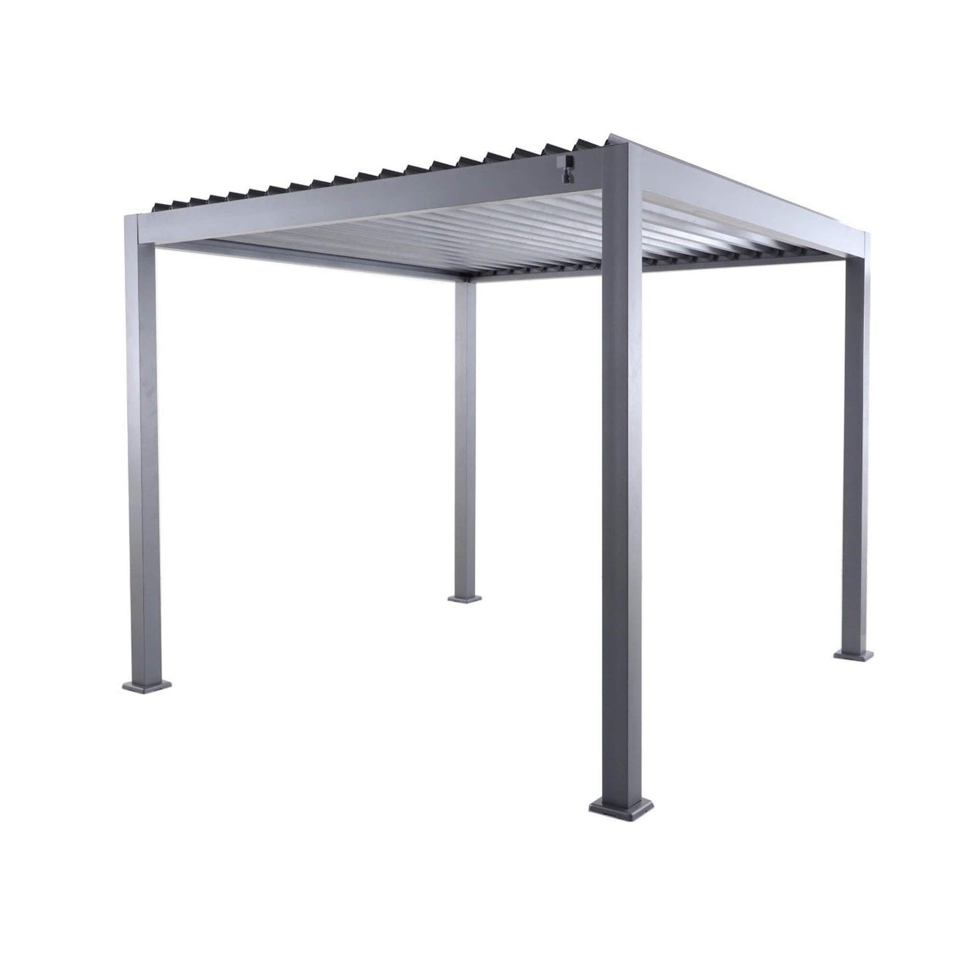 Right sided perspective of a Riva 3x3m Aluminium Pergola on a white background.
