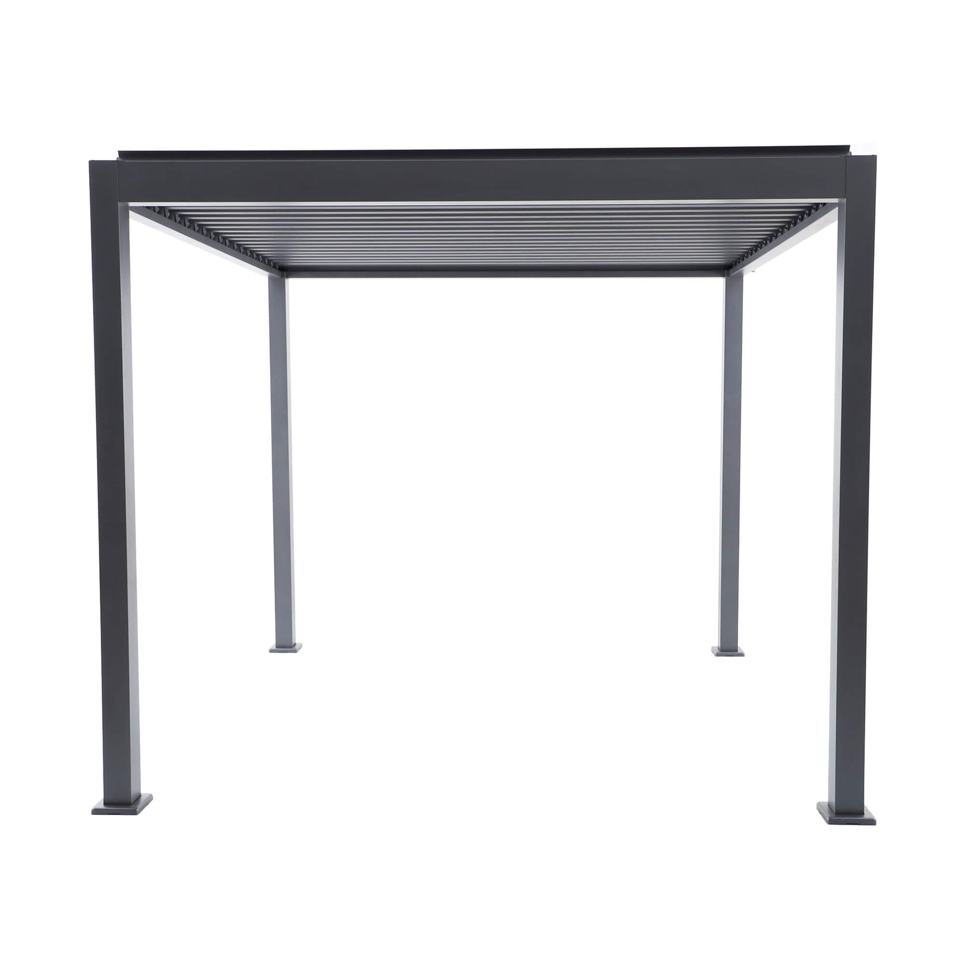 Front perspective of a Riva 3x3m Aluminium Pergola on a white background.
