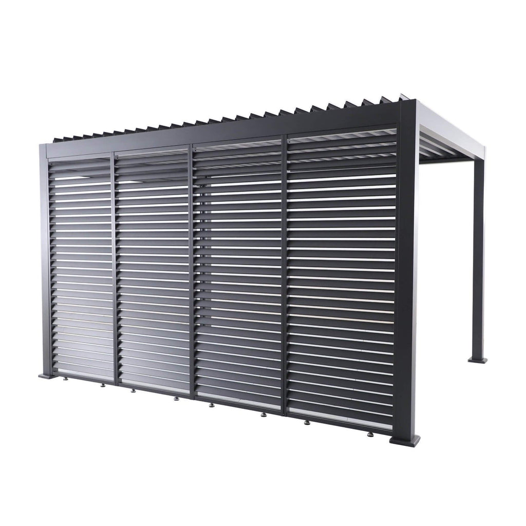 A Riva Deluxe Aluminium Pergola showcasing a 4m Louvre Wall on a white background.