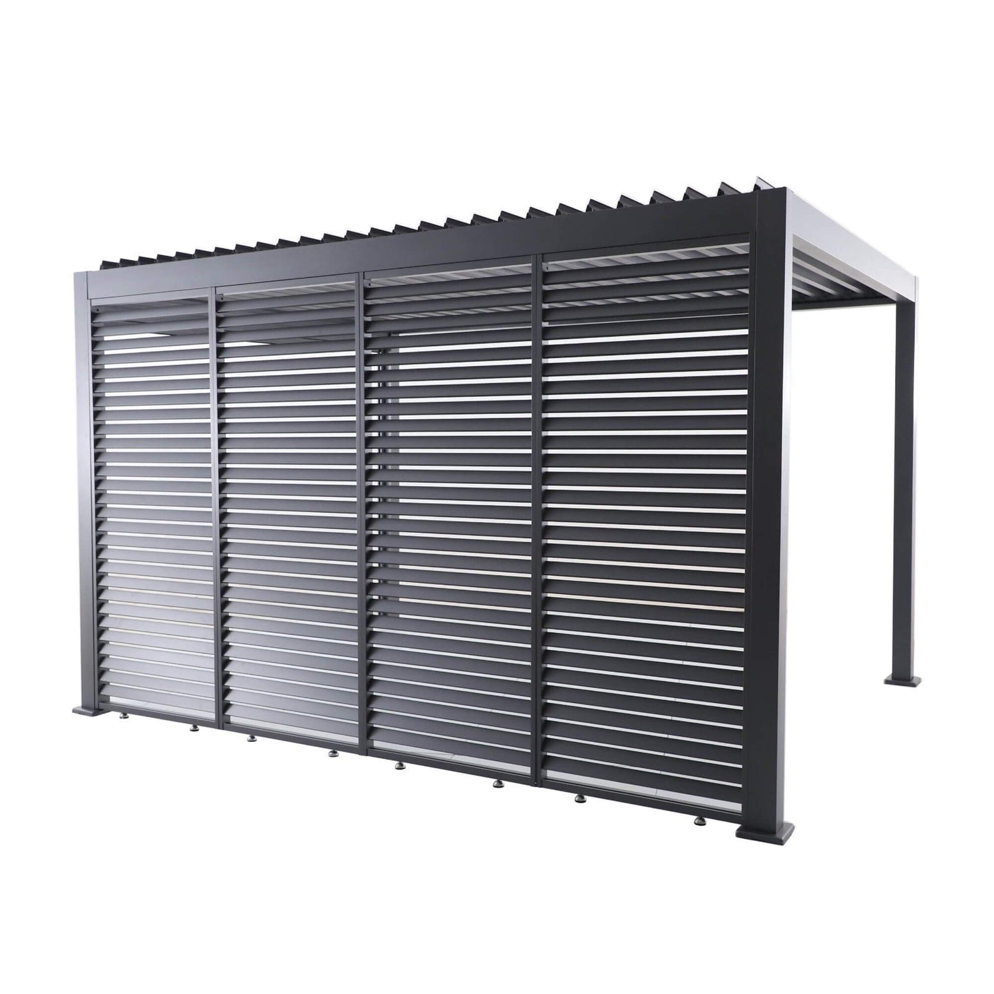 A Riva Deluxe Aluminium Pergola showcasing a 4m Louvre Wall on a white background.