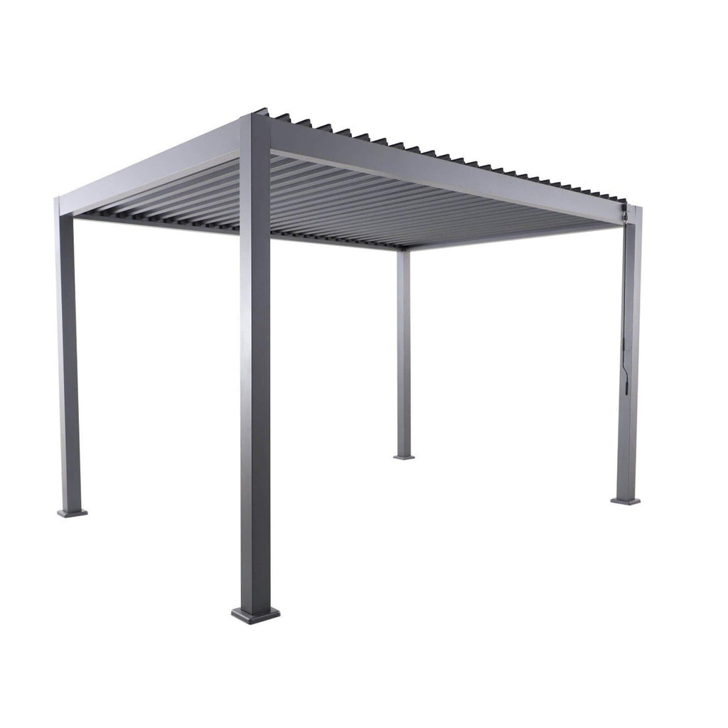 Left sided perspective of a Riva 4x3m Aluminium Pergola on a white background.