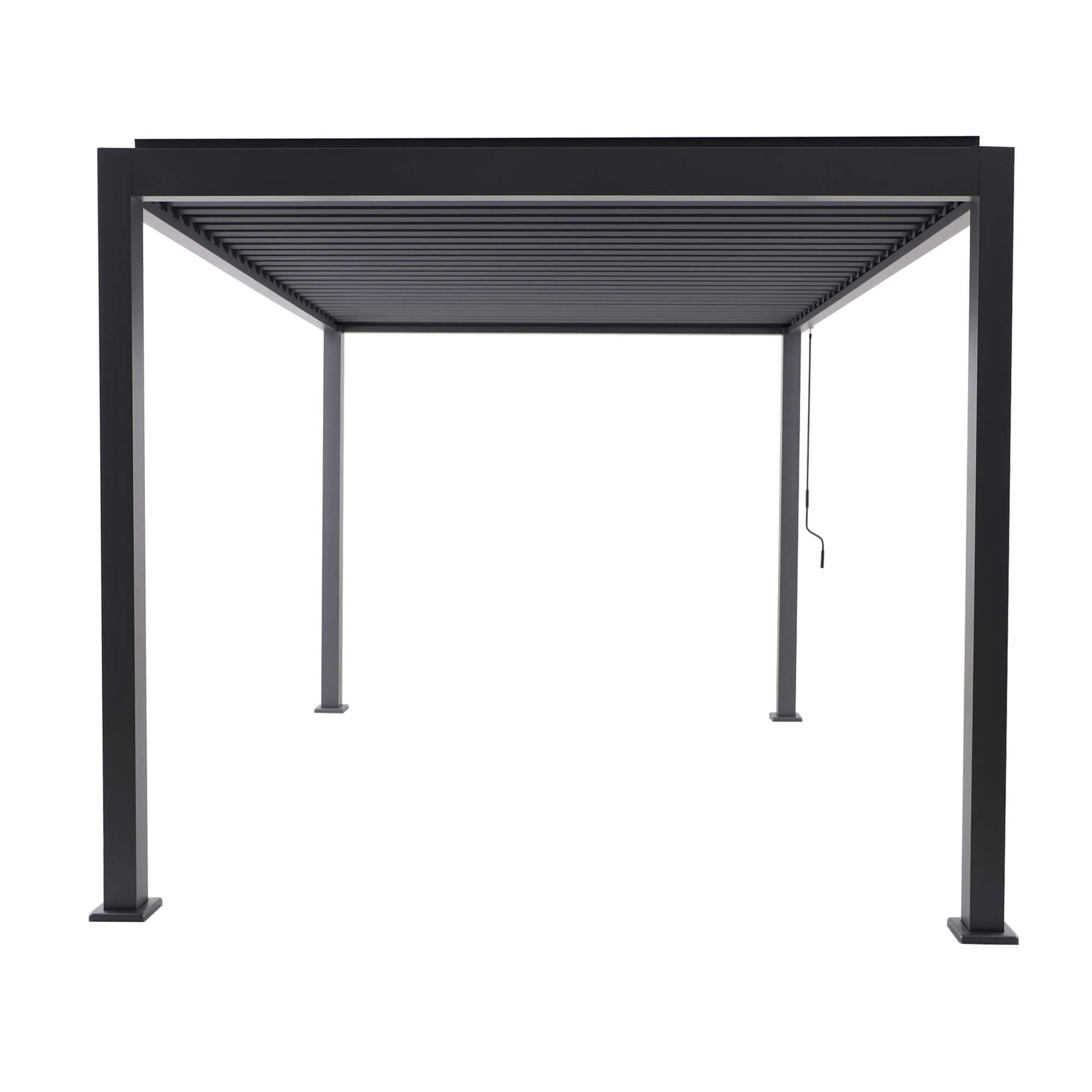 The front perspective of a Riva 4x3m Aluminium Pergola on a white background.