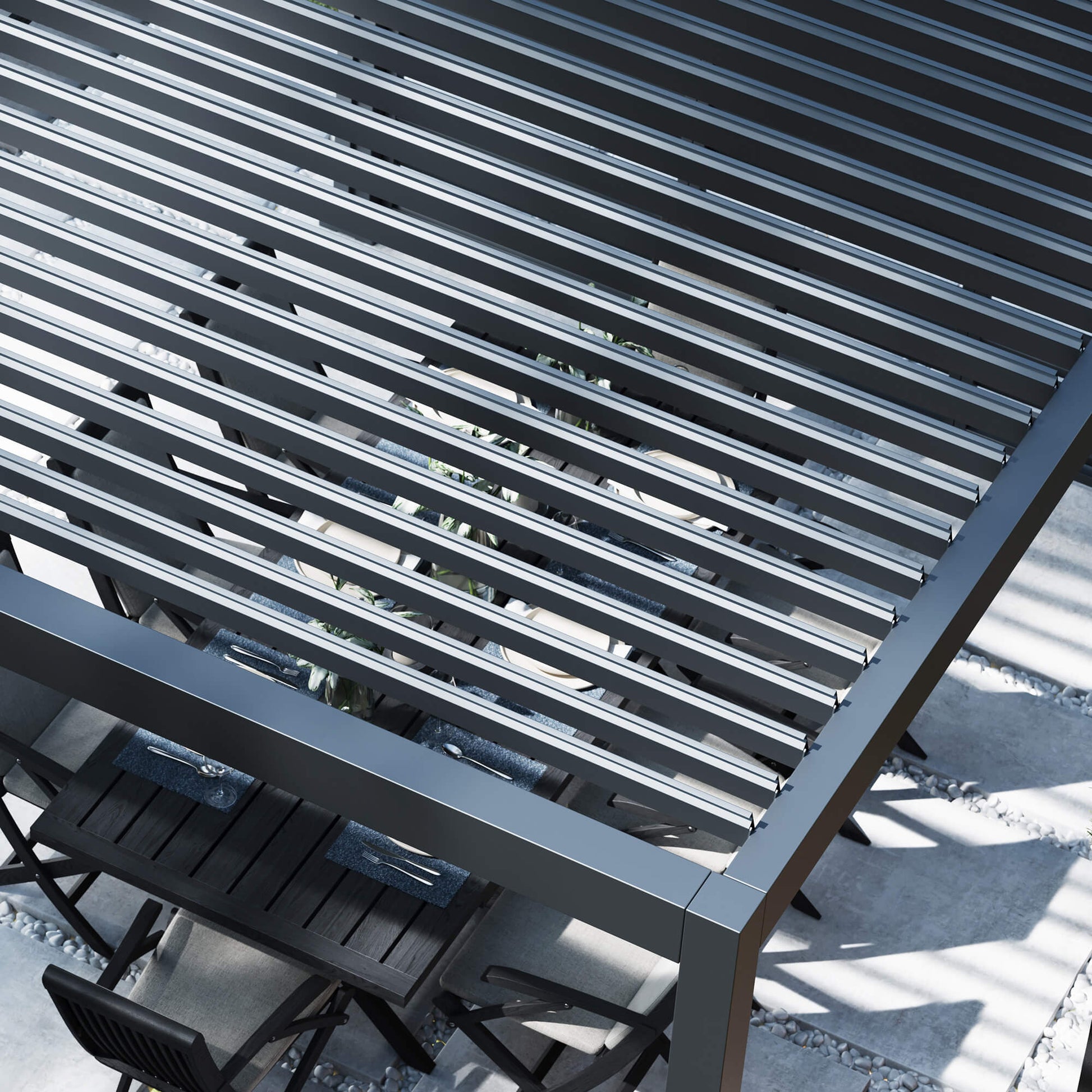 Overhead perspective of a Riva Aluminium Pergola on garden patio, showcasing the opened double-skin louvred roof.