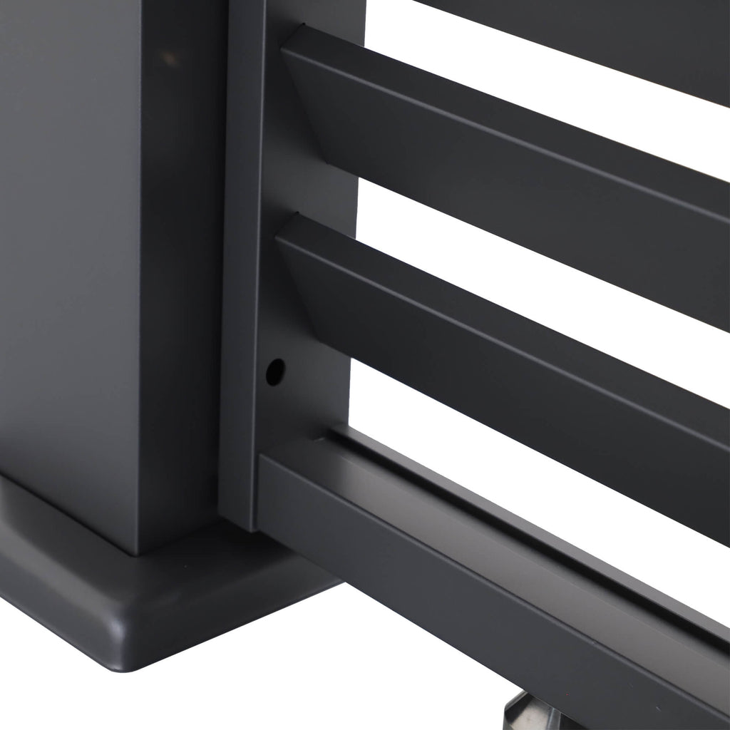 Close-up of a how a louvre wall is fitted to a Riva Deluxe Aluminium Pergola on a white background.