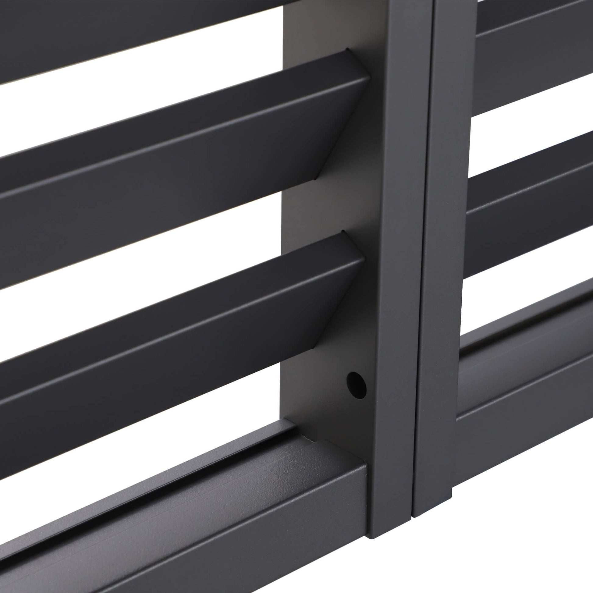 Close-up of a how a louvre wall panel is connected to a Riva Deluxe Aluminium Pergola on a white background.