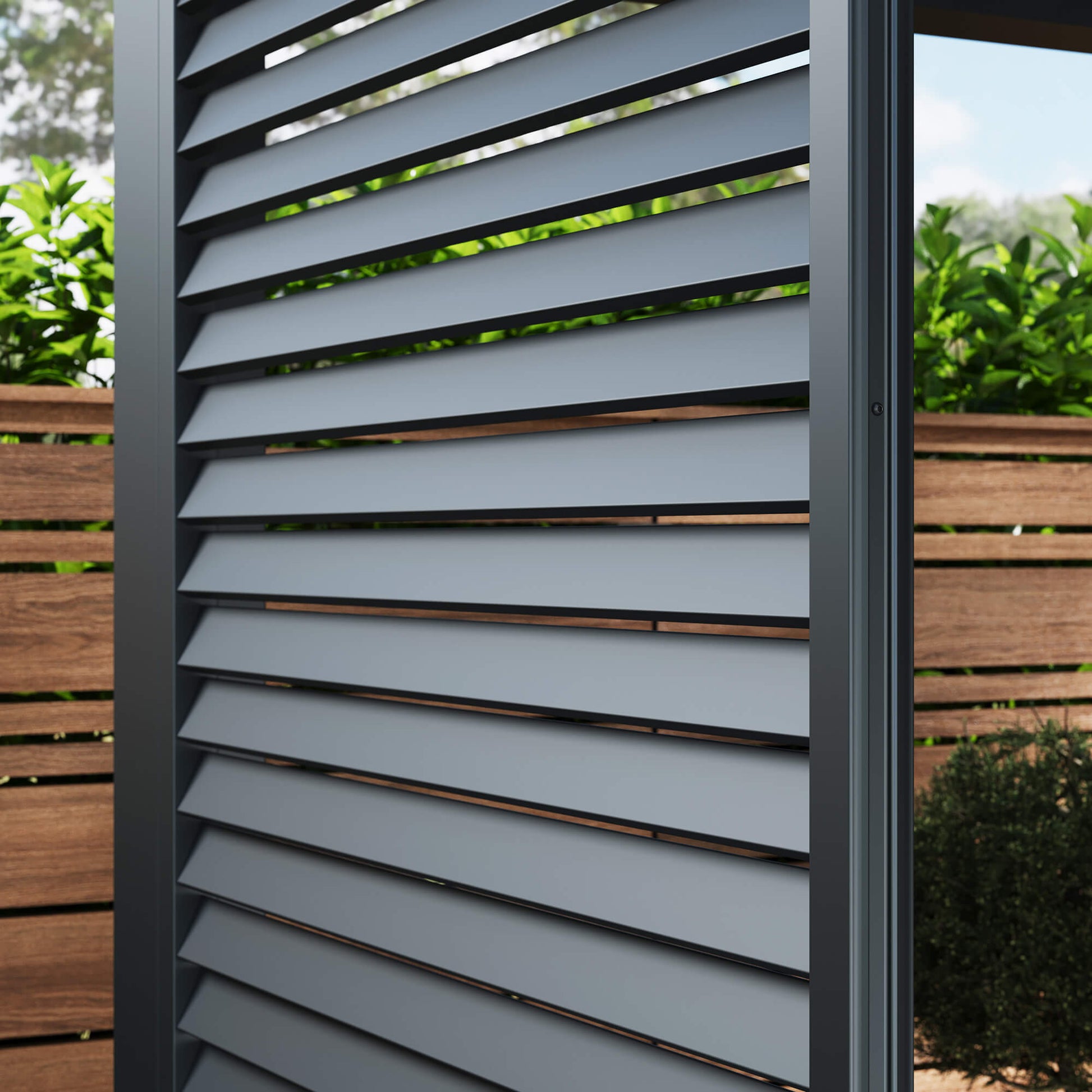 Close-up of a louvre wall panel on a Riva Deluxe Aluminium Pergola in a garden setting.