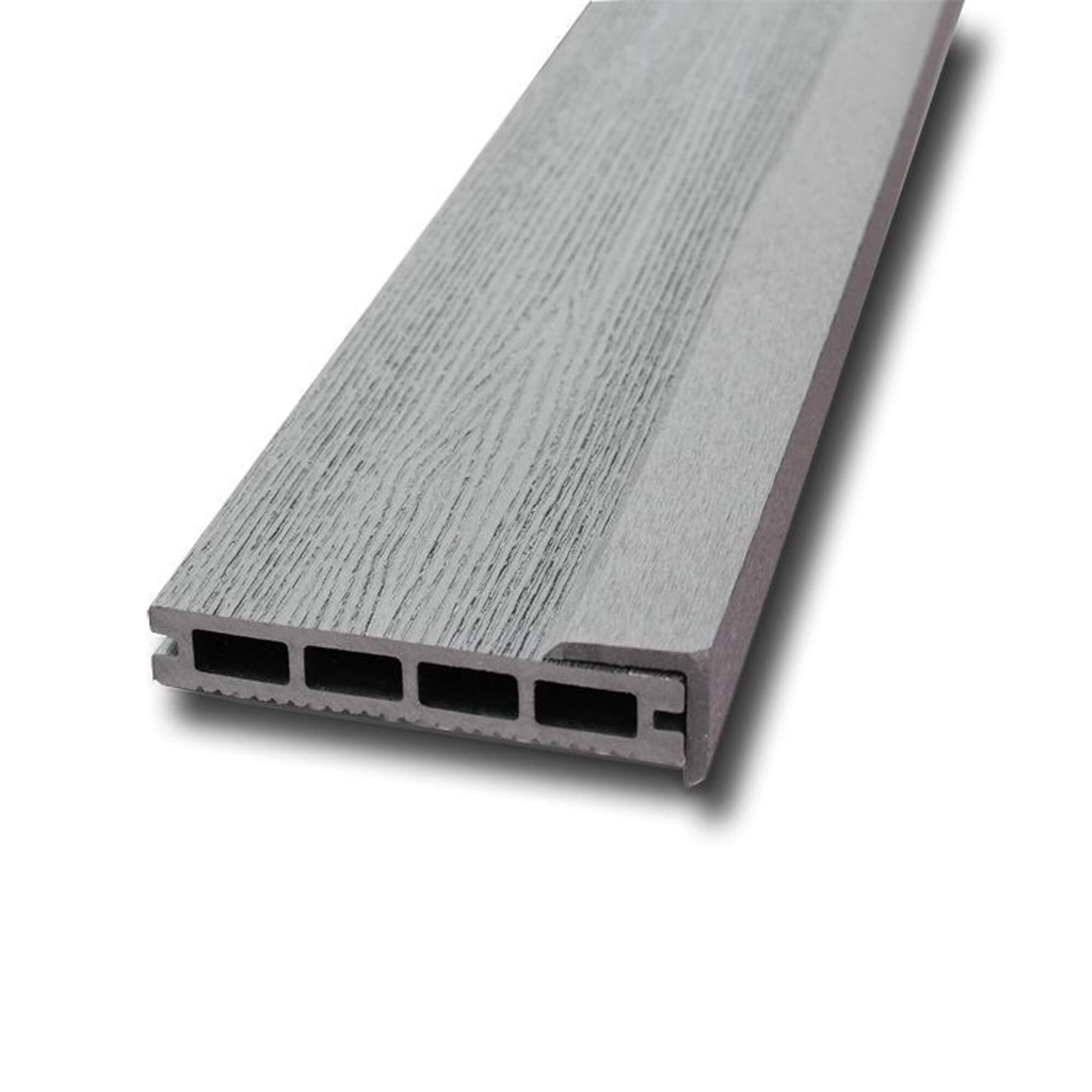 A Silver Composite Cover Strip in situ on a composite decking board on a white background.