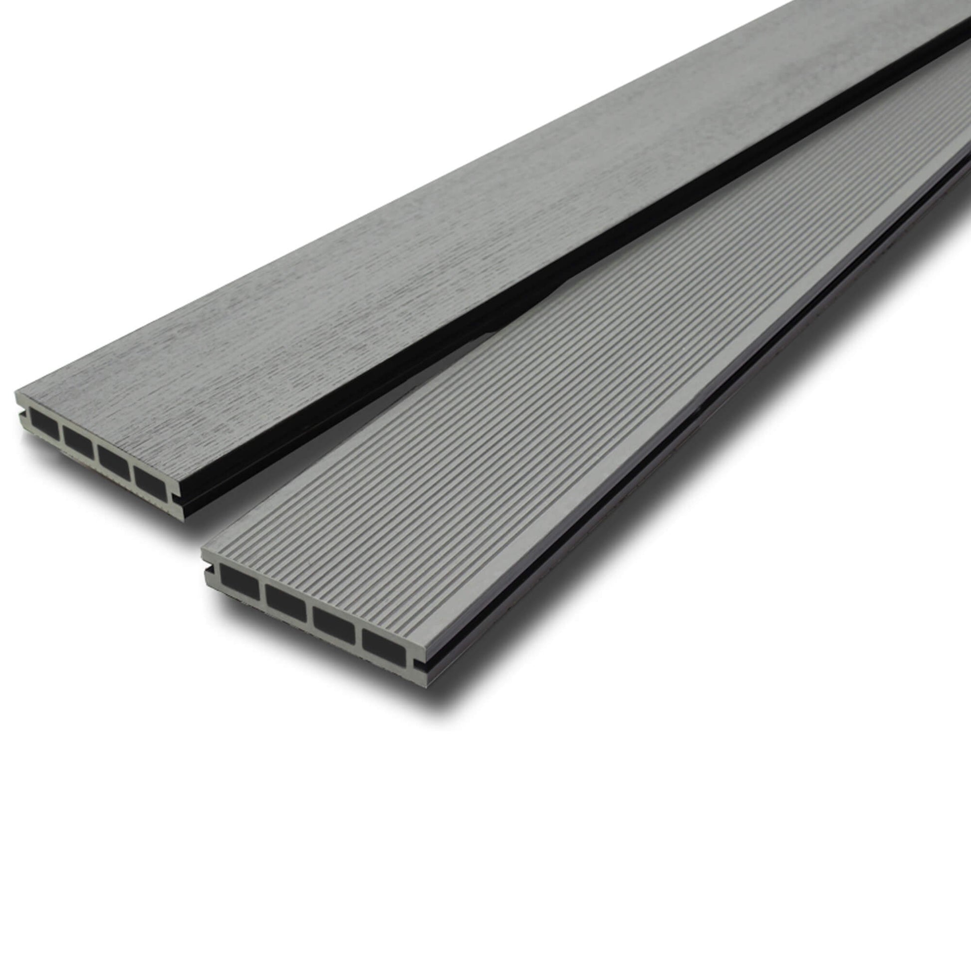 Two Composite Decking boards showing the reverse woodgrain and ribbed options on a white background.