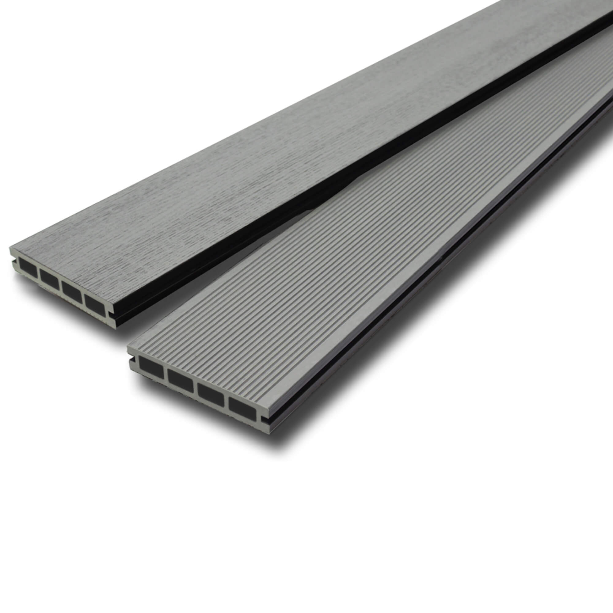 Two Composite Decking boards showing the reverse woodgrain and ribbed options on a white background.