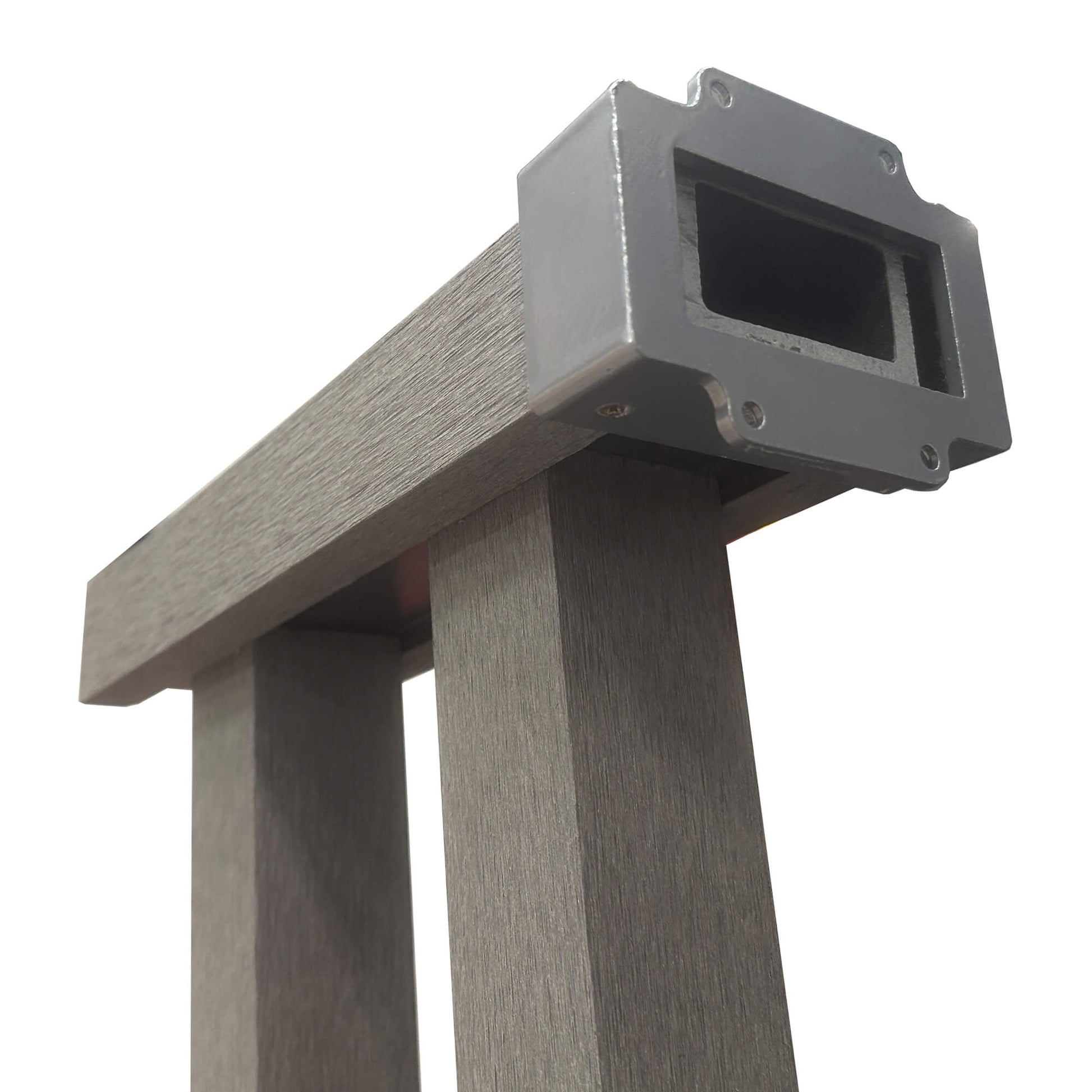 Close-up of a Sliver Composite Handrail Bracket joined to a handrail on a white background.
